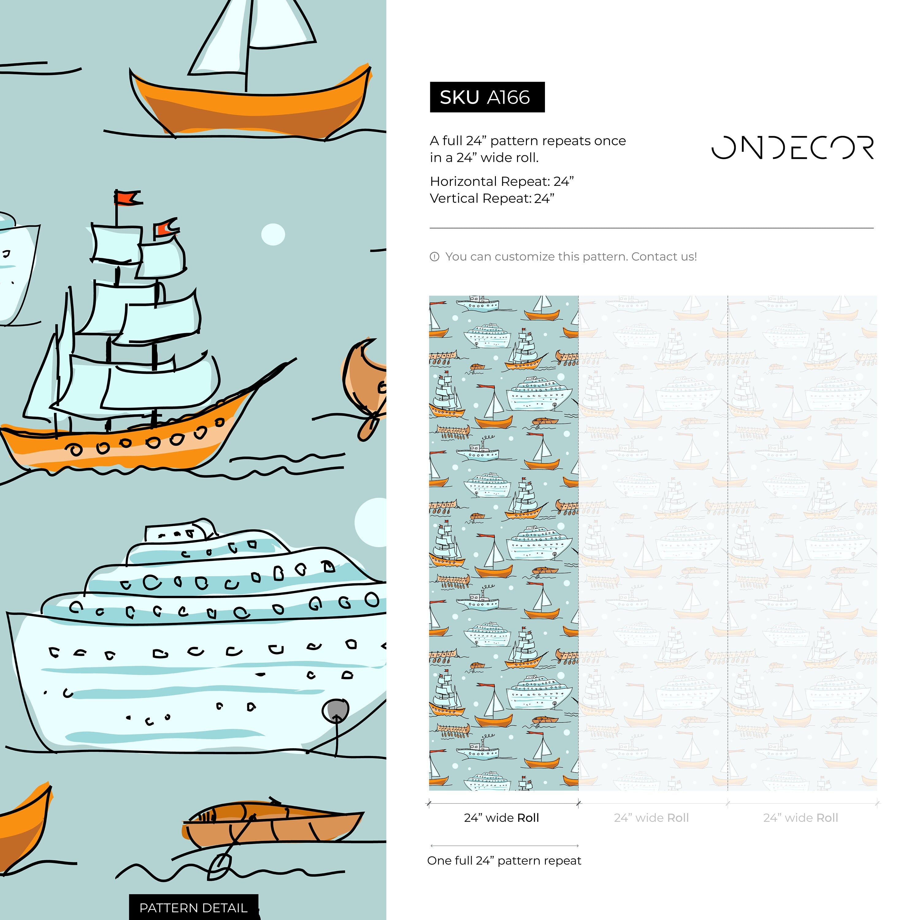 Nautical Wallpaper With Hand-drawn Ships And Boats In Blue And Orange - A166