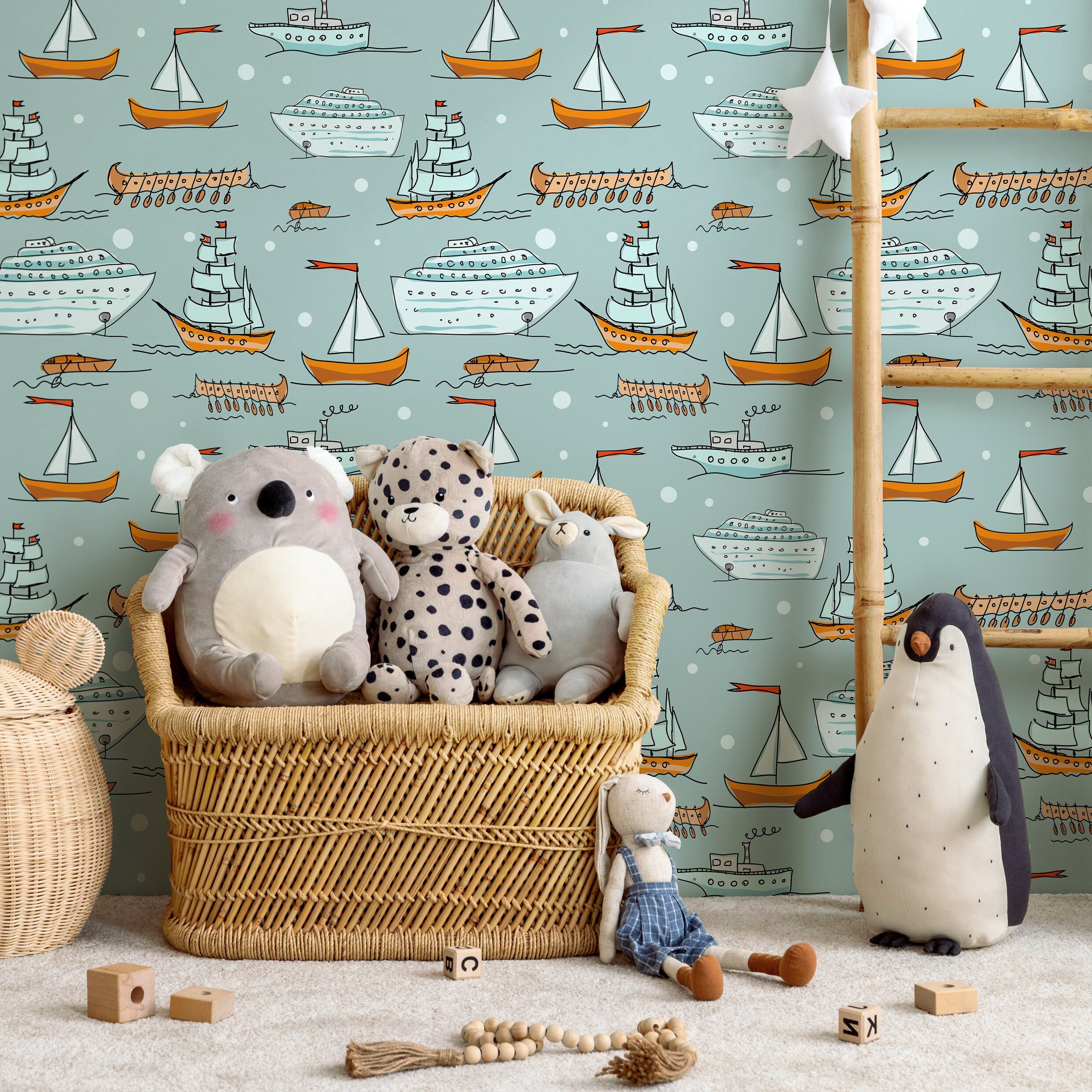 Nautical Wallpaper With Hand-drawn Ships And Boats In Blue And Orange - A166