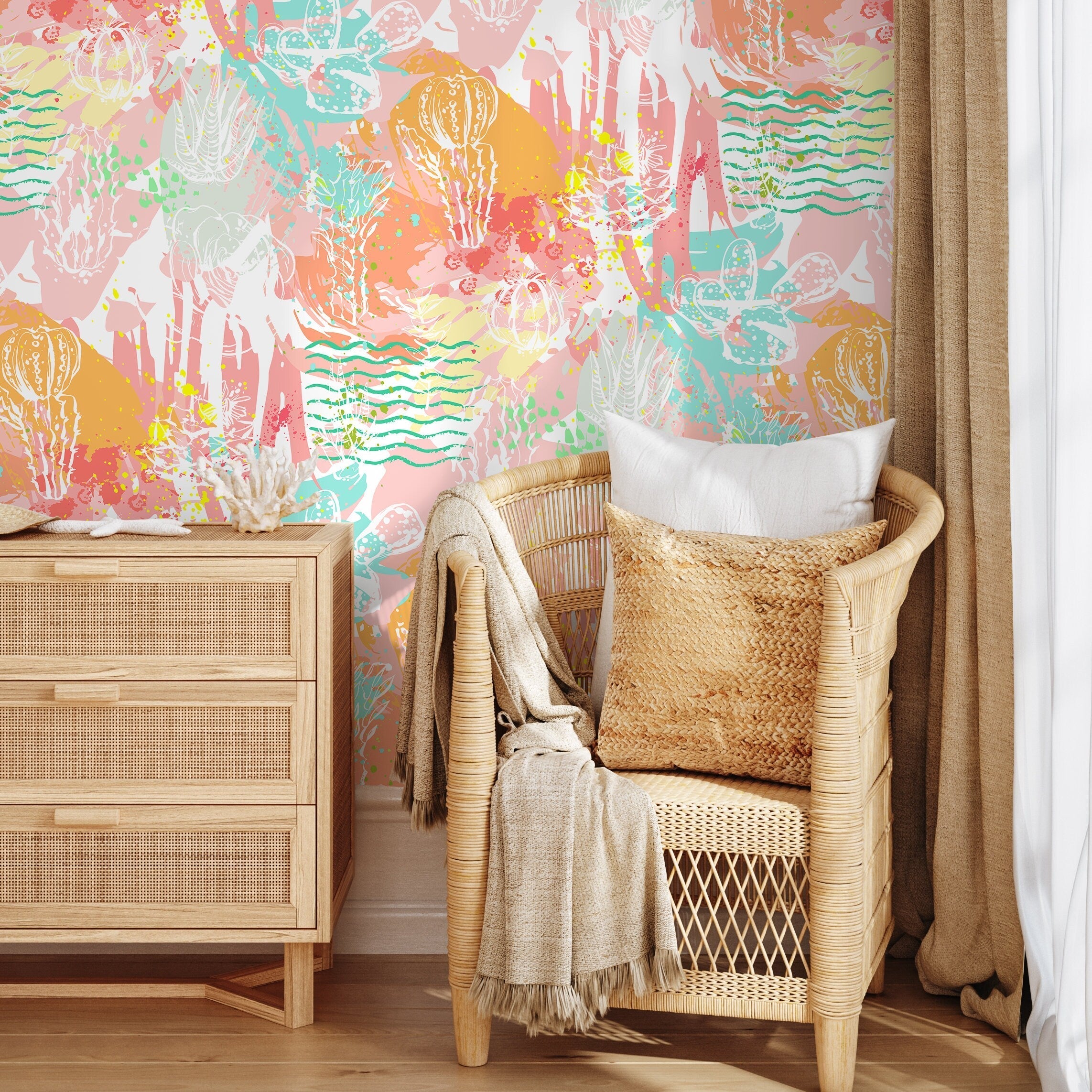 Abstract Wallpaper With A Colorful Cactus Collage In Pink, Orange, And Teal - A201