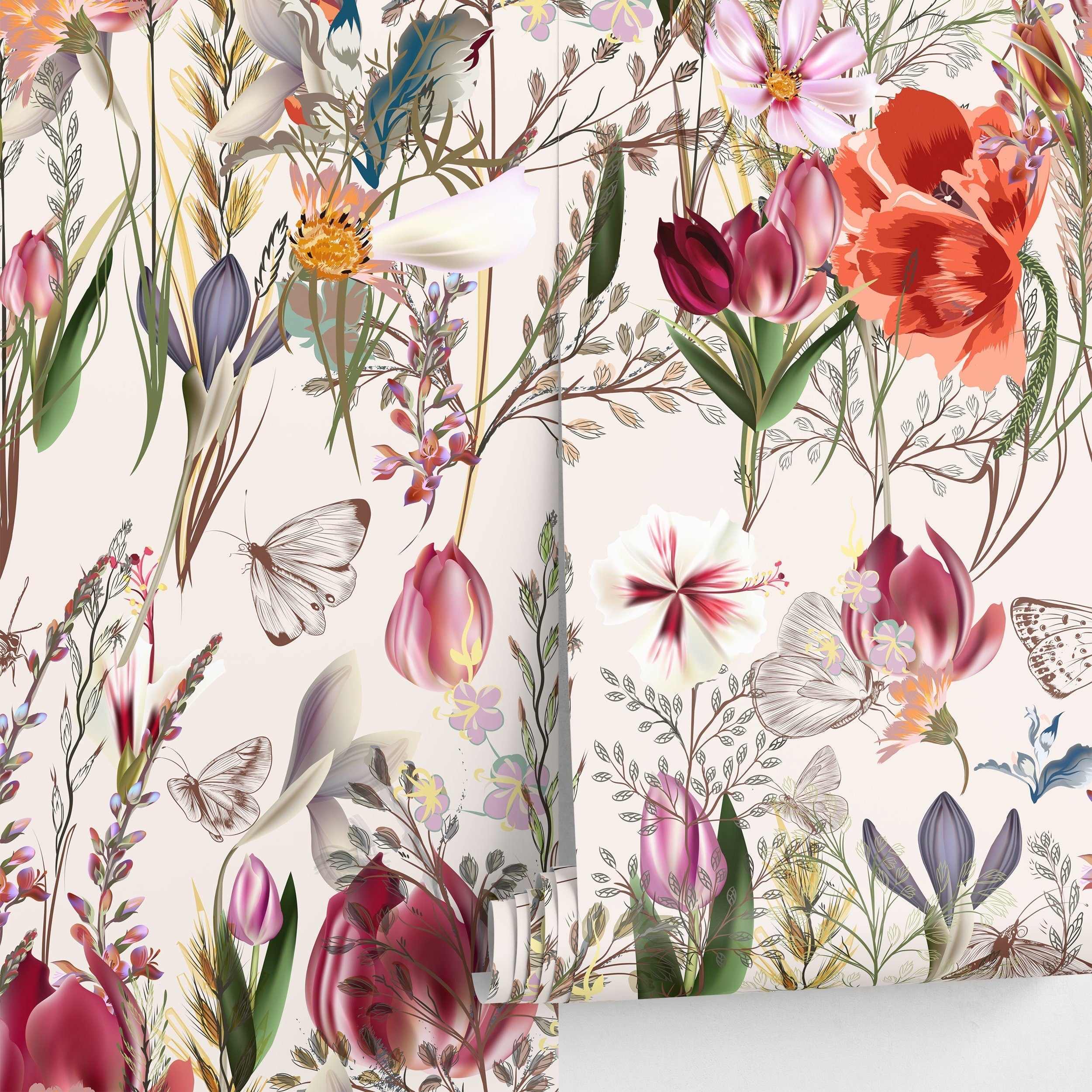 Botanical Wallpaper With Tulips, Poppies, And Butterflies In Red, Pink, And Purple - A212