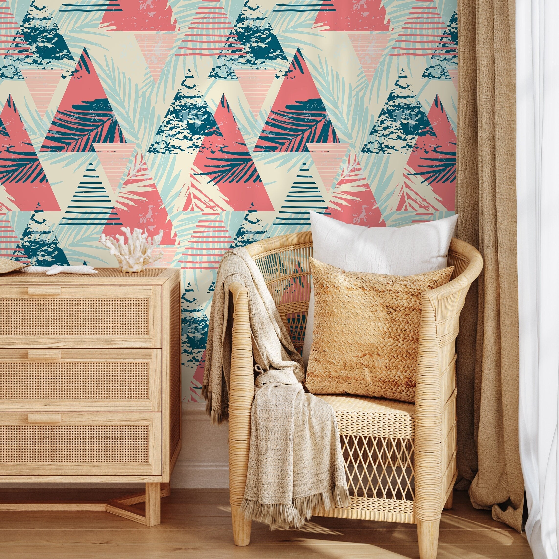 Abstract Wallpaper With A Tropical And Geometric Motif In Coral And Teal - A074