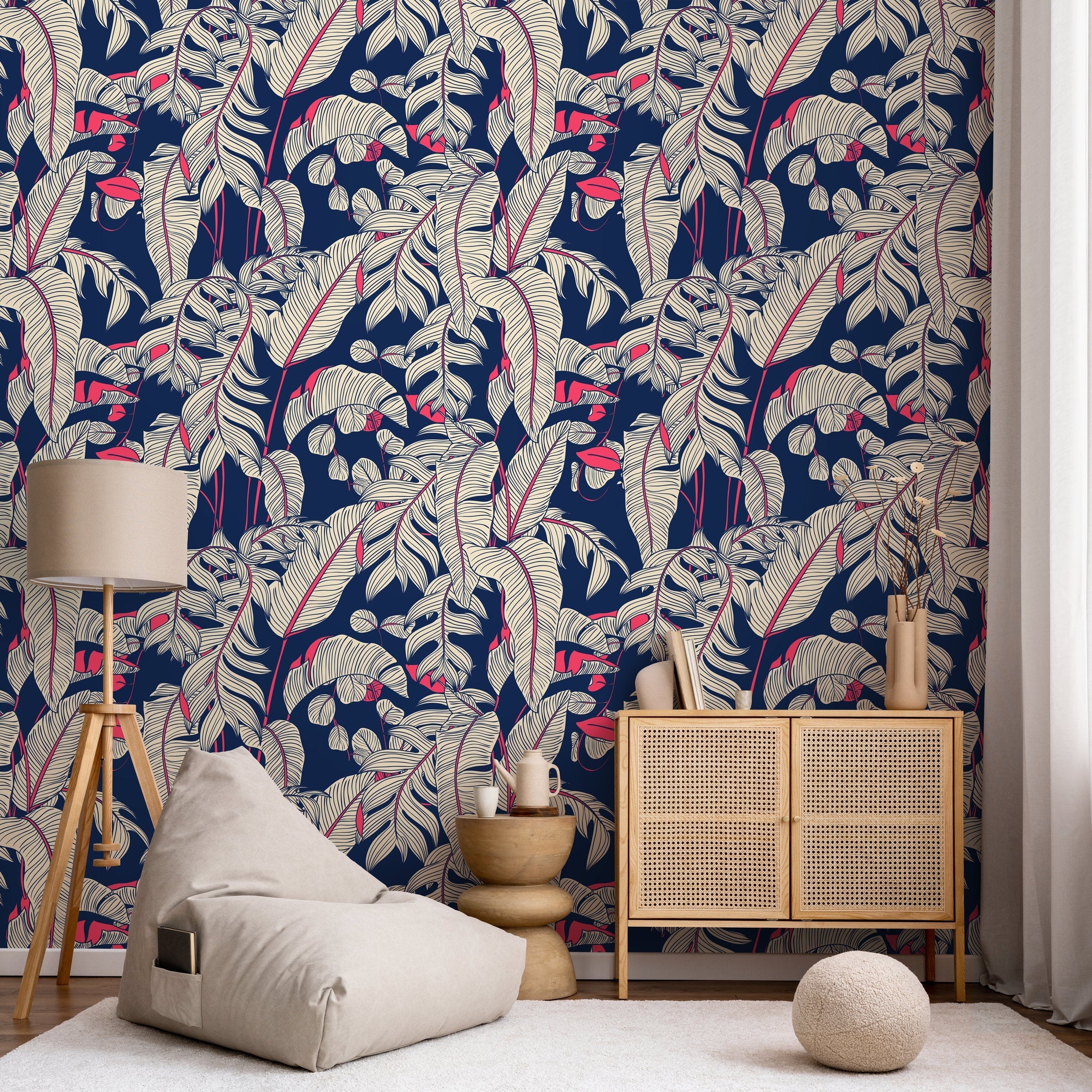 Tropical Wallpaper With Stylized Banana Leaves In Navy Blue, Beige, And Red - A023
