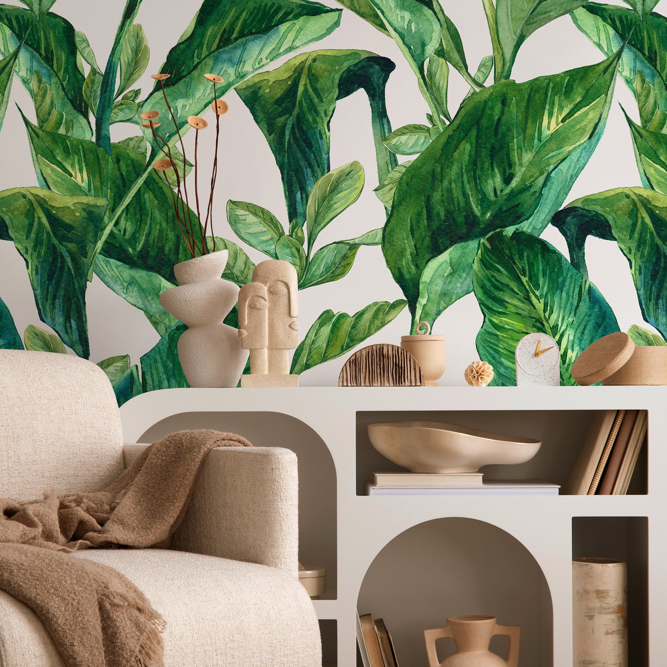 Botanical Wallpaper Featuring Watercolor Tropical Leaves In Green - A205