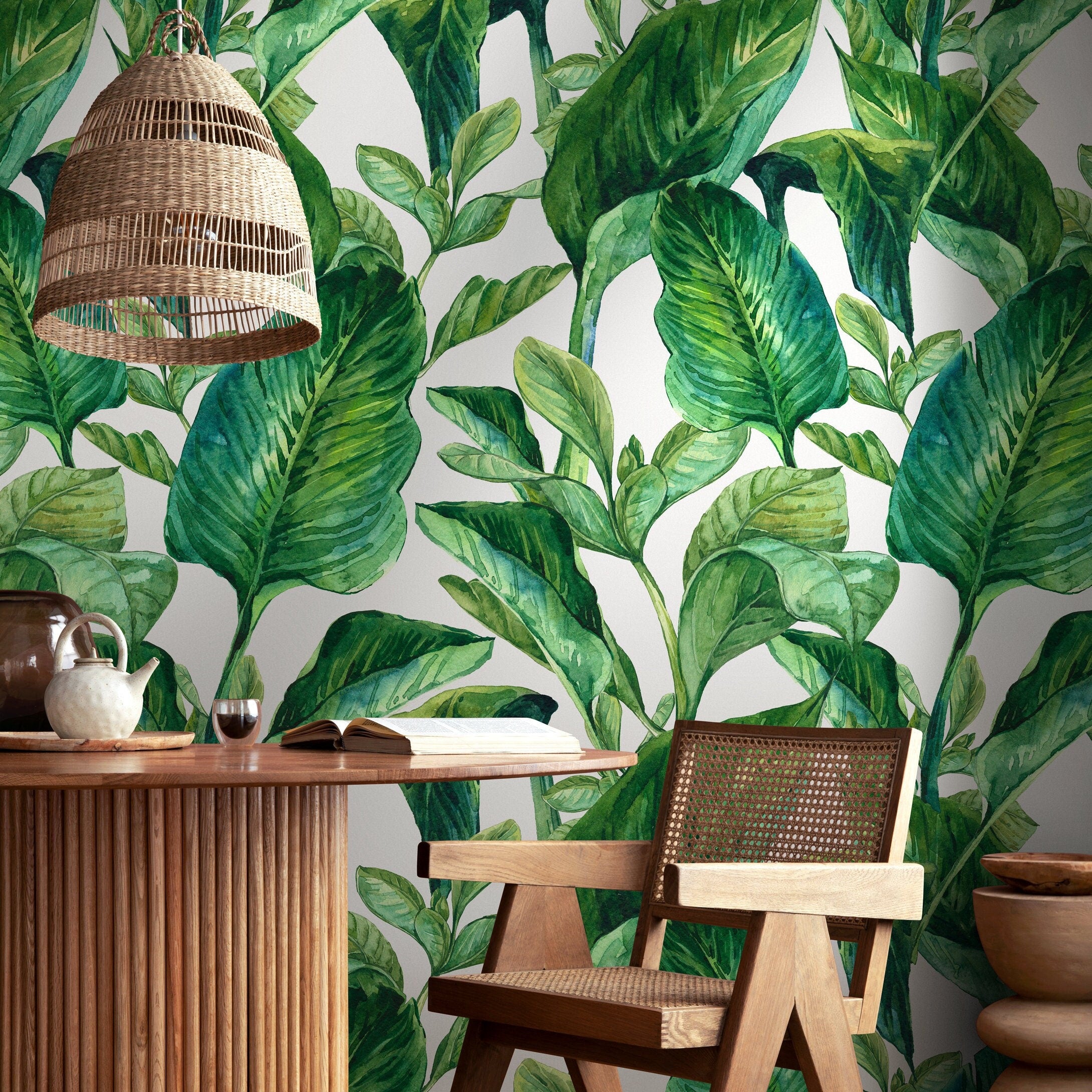 Botanical Wallpaper Featuring Watercolor Tropical Leaves In Green - A205