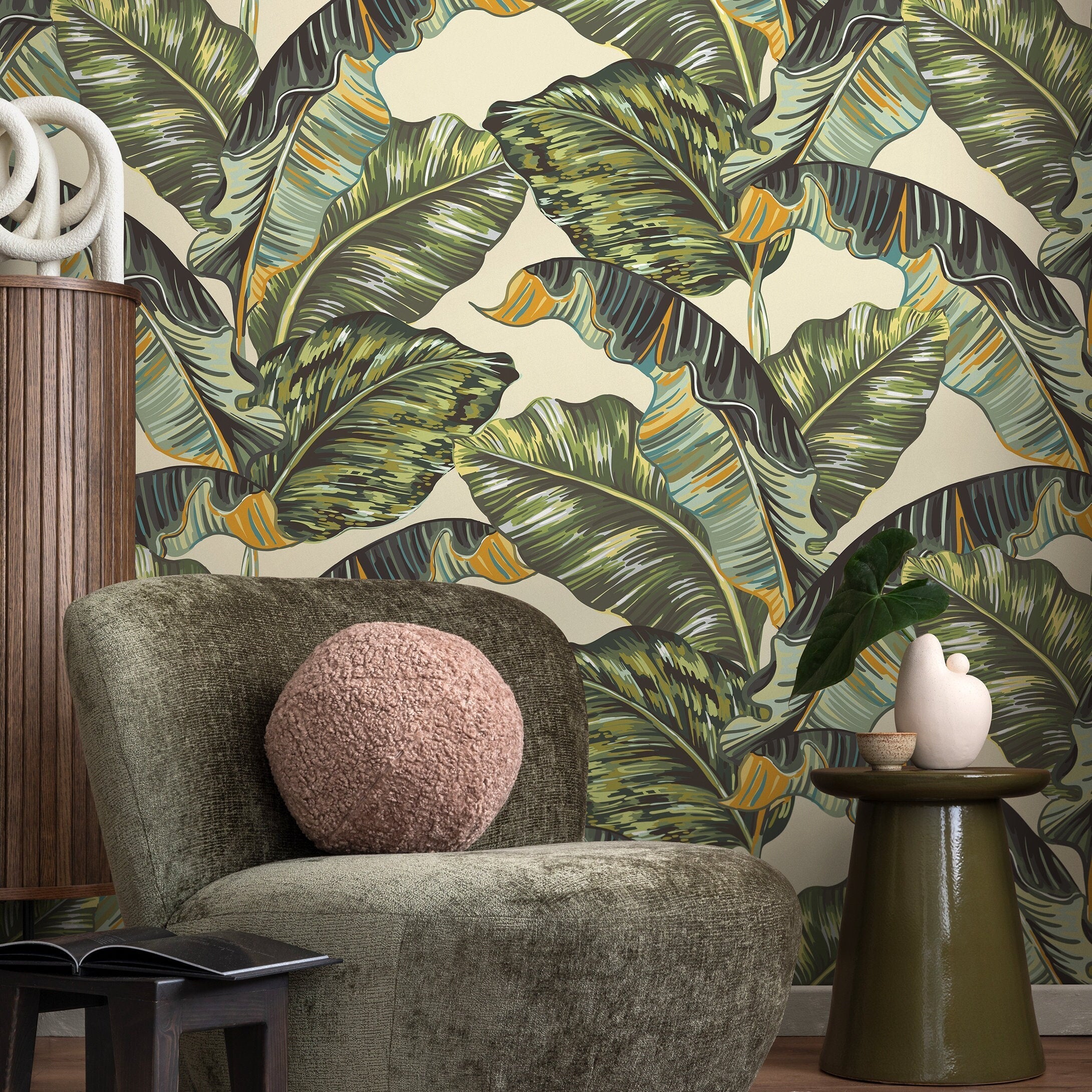 Tropical Wallpaper With Stylized Banana Leaves In Green, Yellow, And Blue - A218