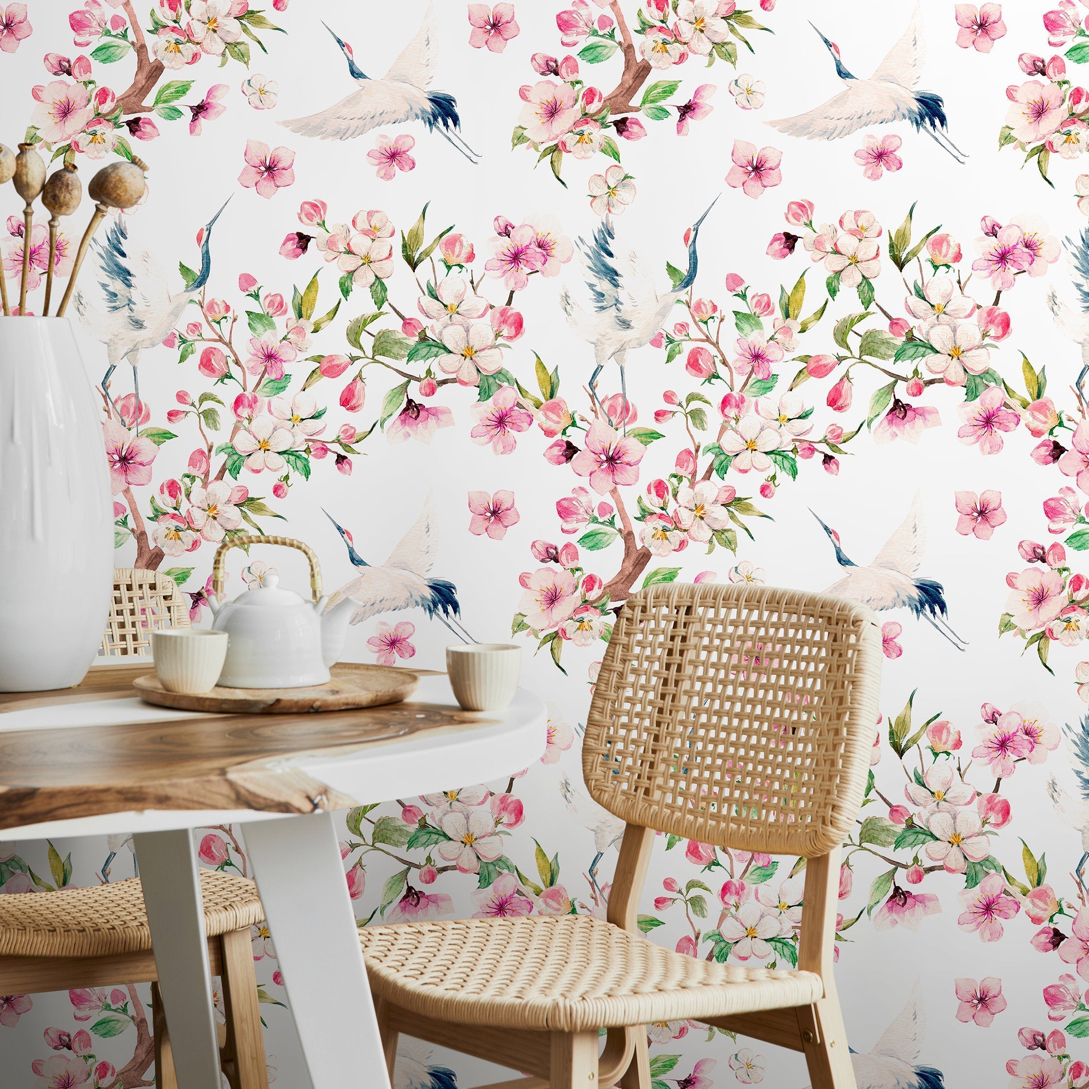 Chinoiserie Wallpaper With Cranes And Pink Blossoms - A219