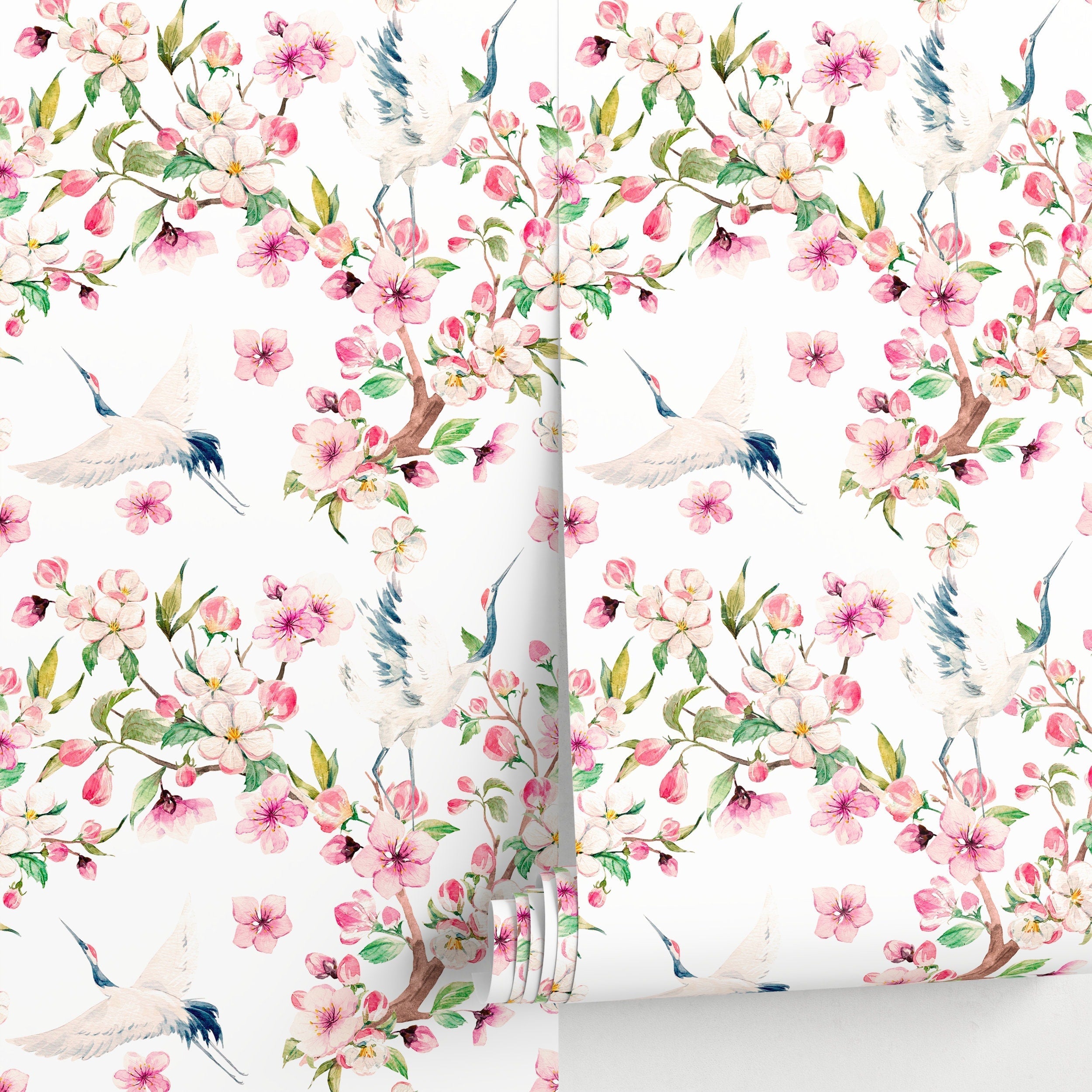 Chinoiserie Wallpaper With Cranes And Pink Blossoms - A219