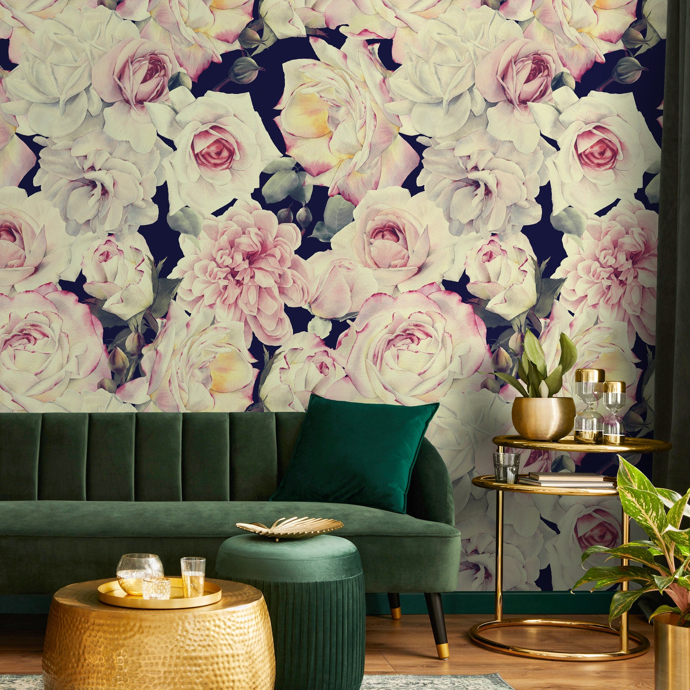 Floral Wallpaper With A Vintage Rose Motif In Pink And Blue - A221
