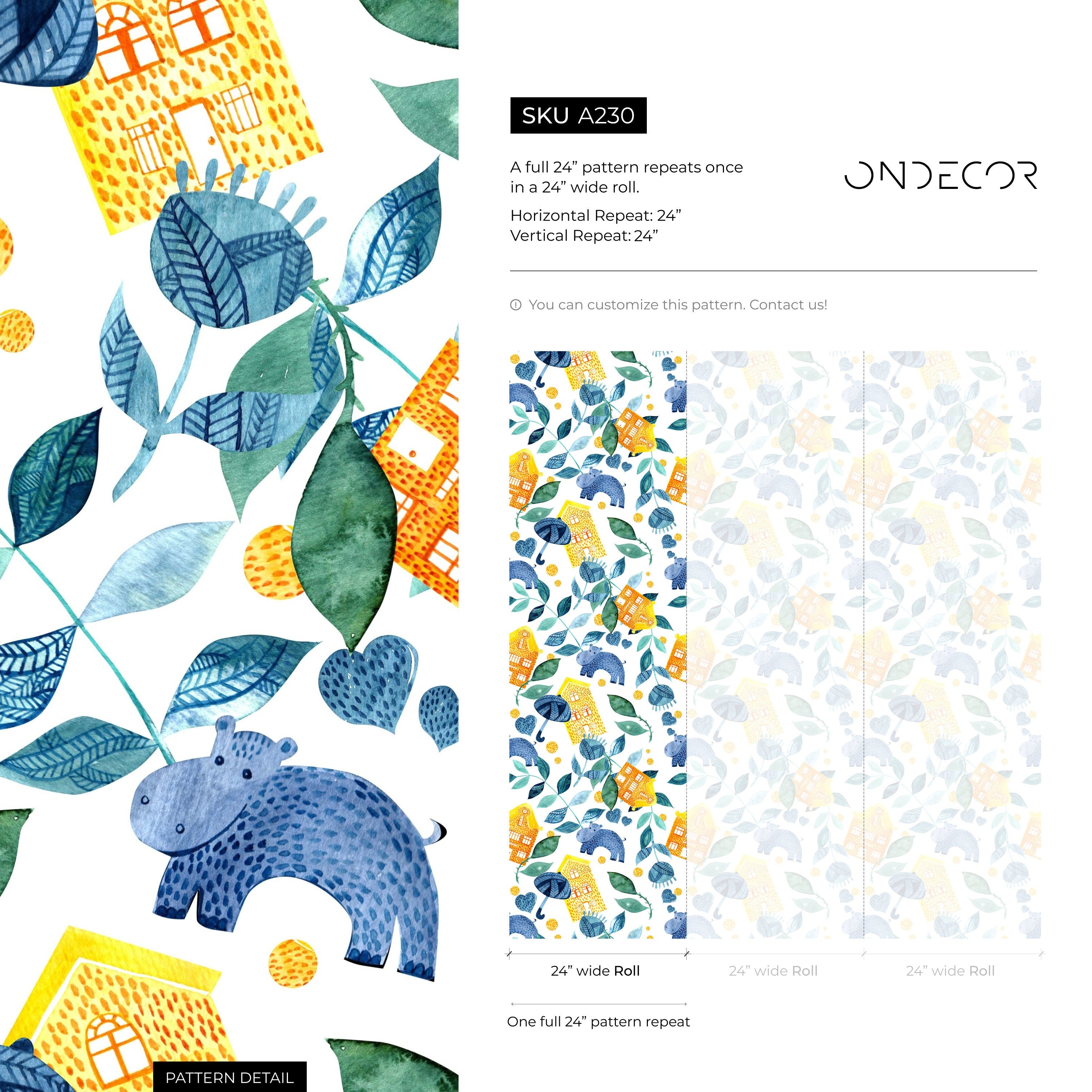 Nursery Wallpaper With Watercolor Hippos And Houses In Blue, Yellow, And Green - A230