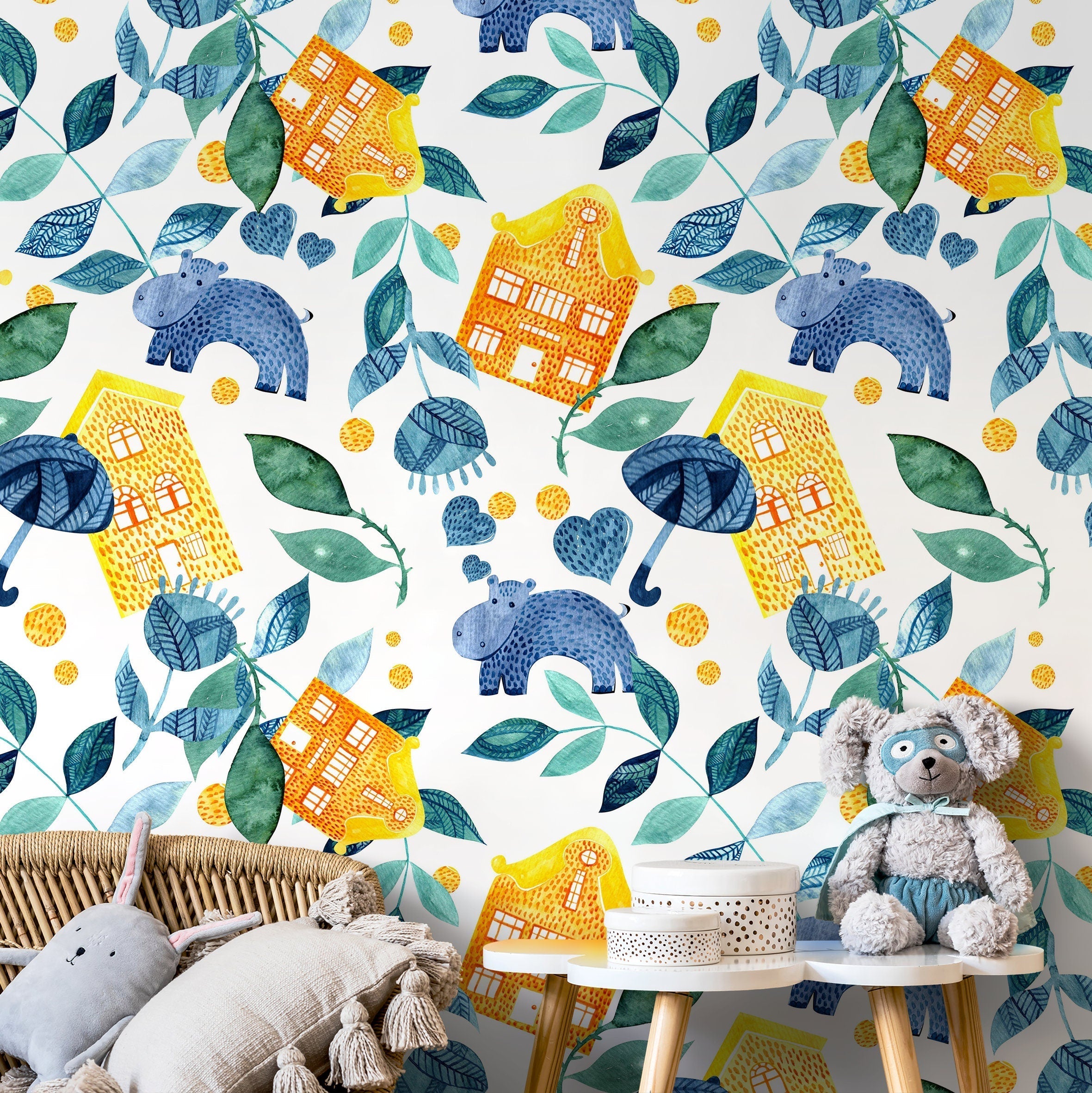 Nursery Wallpaper With Watercolor Hippos And Houses In Blue, Yellow, And Green - A230