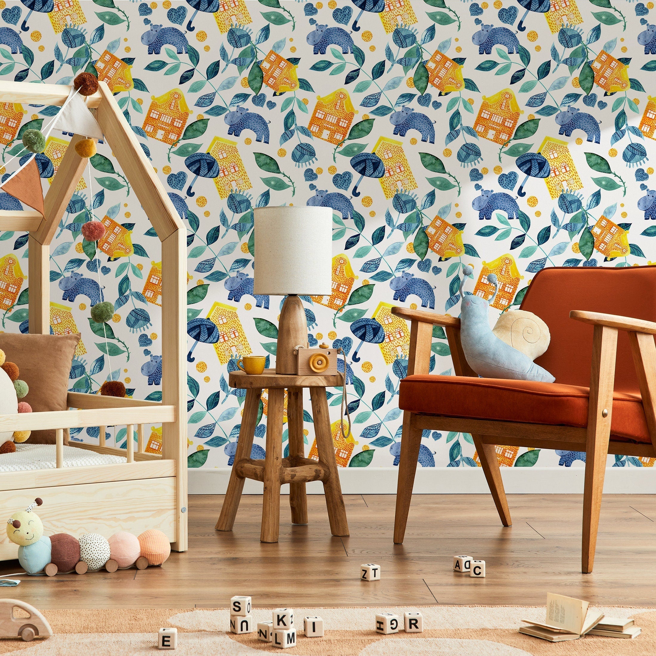 Nursery Wallpaper With Watercolor Hippos And Houses In Blue, Yellow, And Green - A230