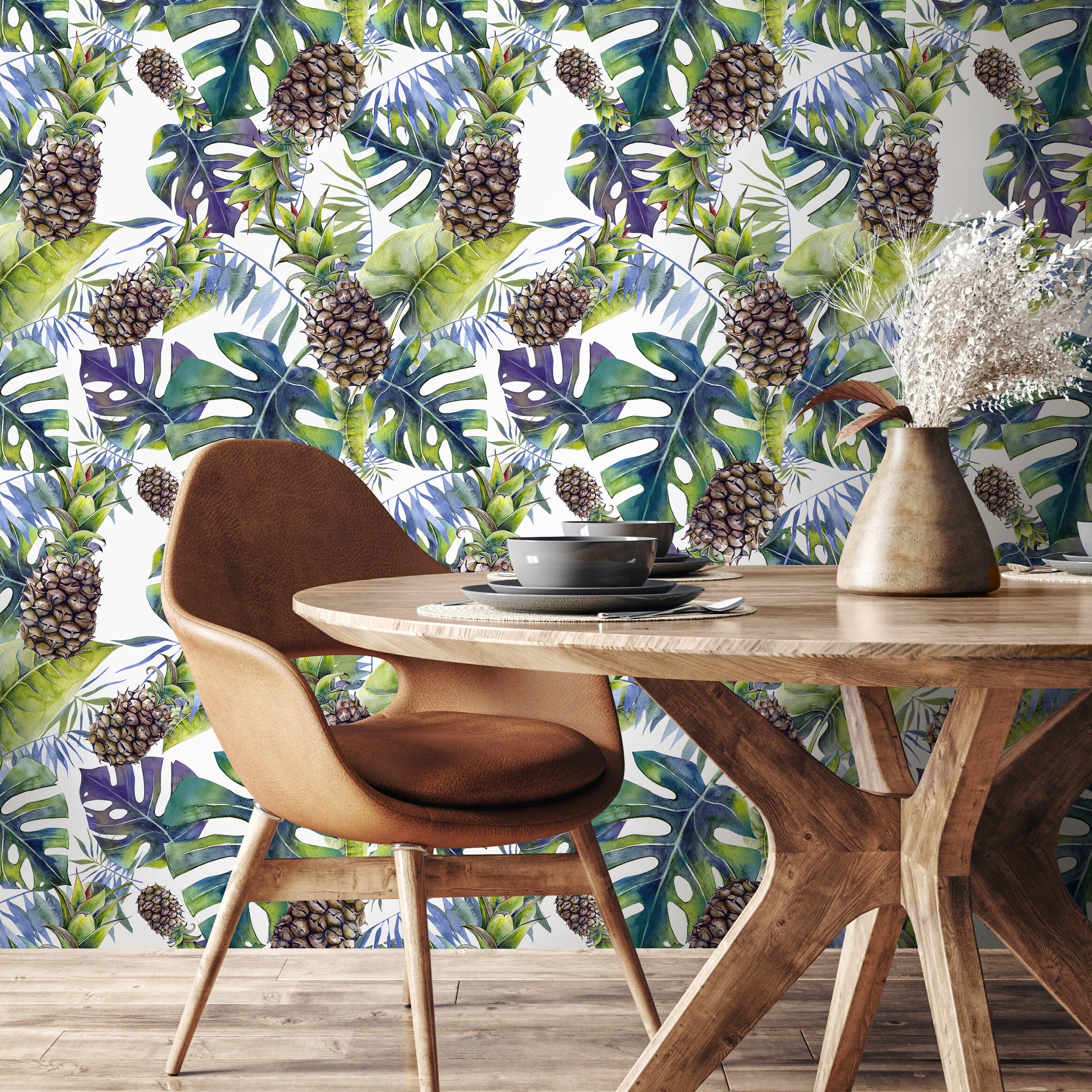 Tropical Wallpaper With Monstera And Pineapples In Green And Purple - A232