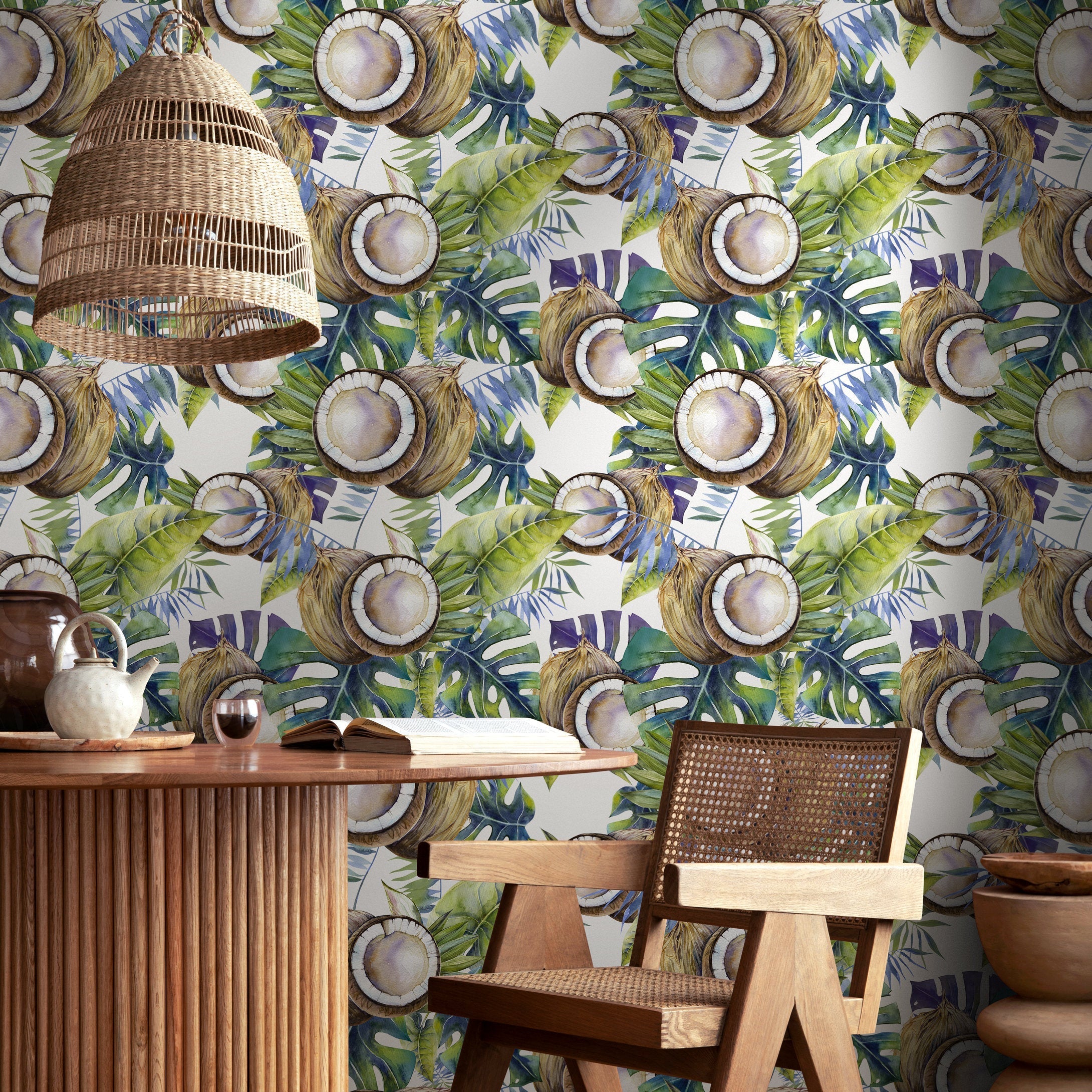 Tropical Wallpaper With A Coconut And Palm Leaf Motif In Green, Blue, And Brown - A233