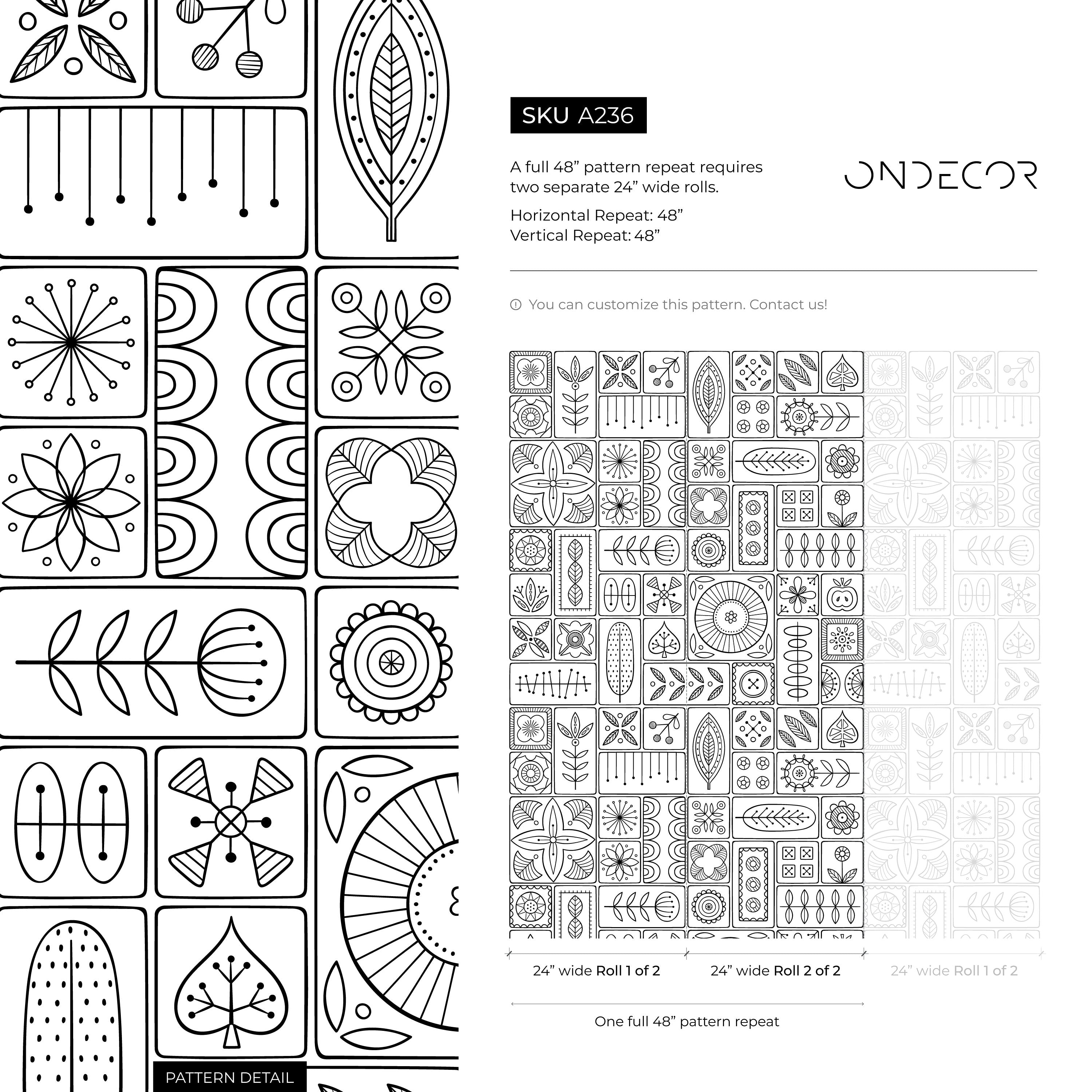 Geometric Wallpaper With Folk Art Tile Motifs In Black And White - A236