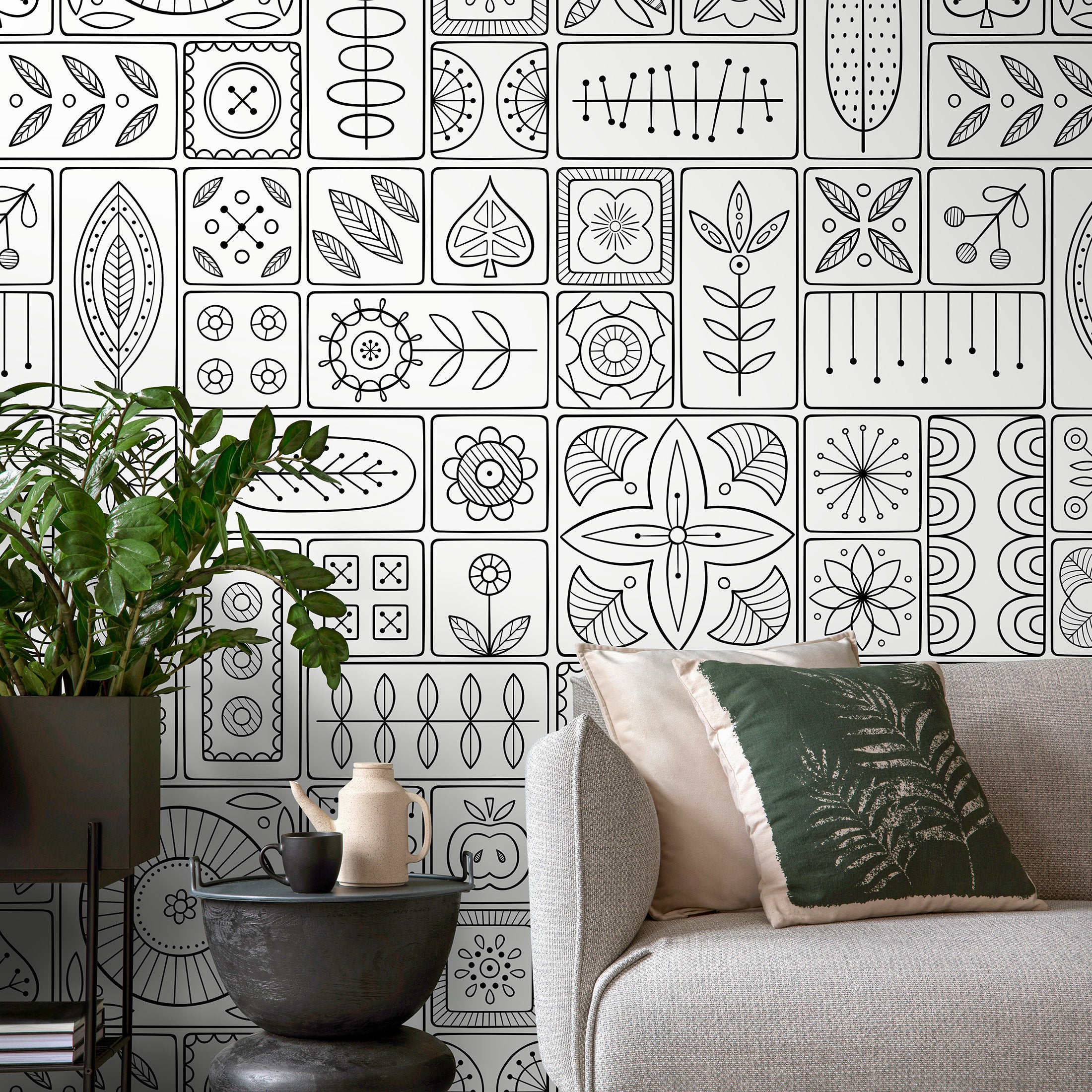 Geometric Wallpaper With Folk Art Tile Motifs In Black And White - A236