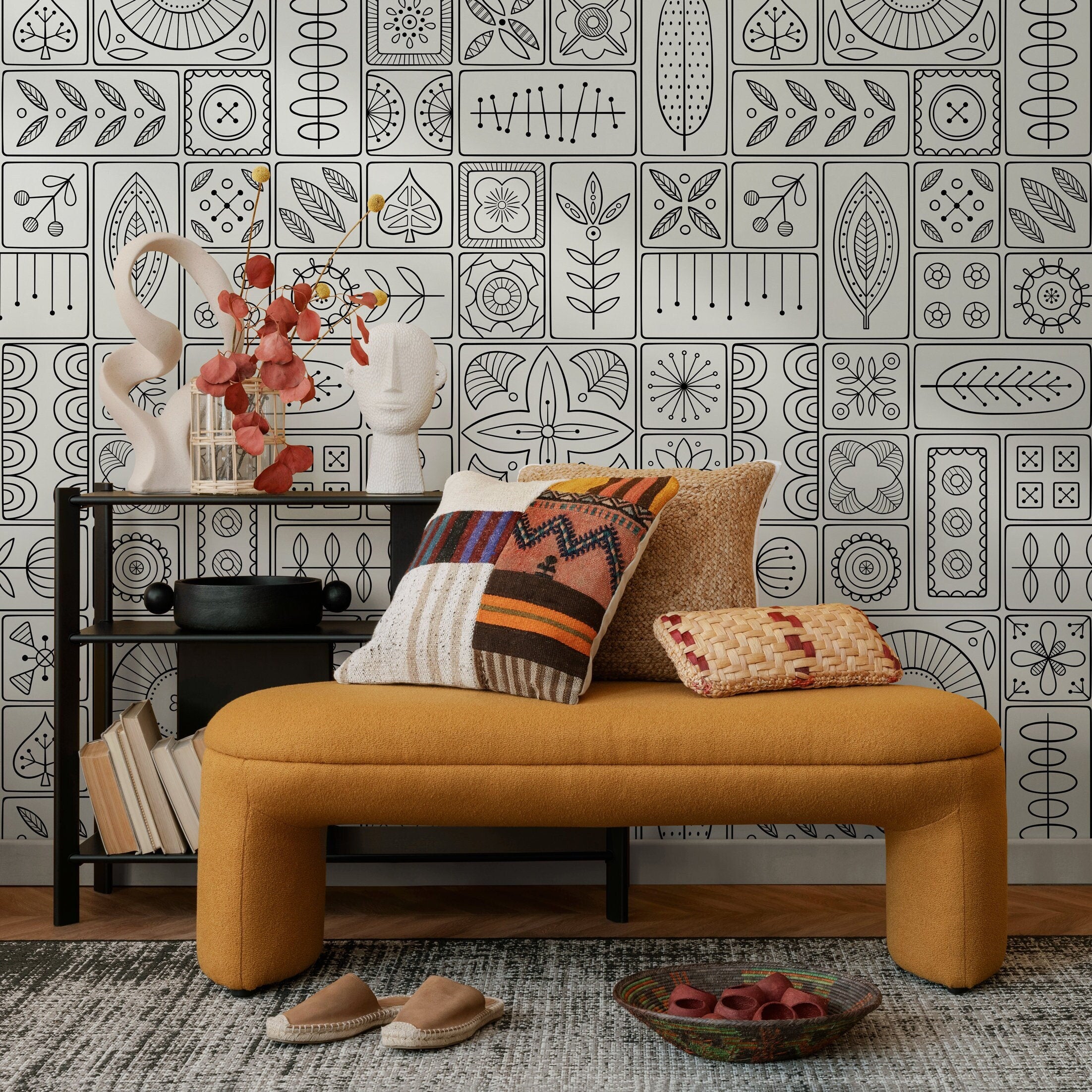 Geometric Wallpaper With Folk Art Tile Motifs In Black And White - A236