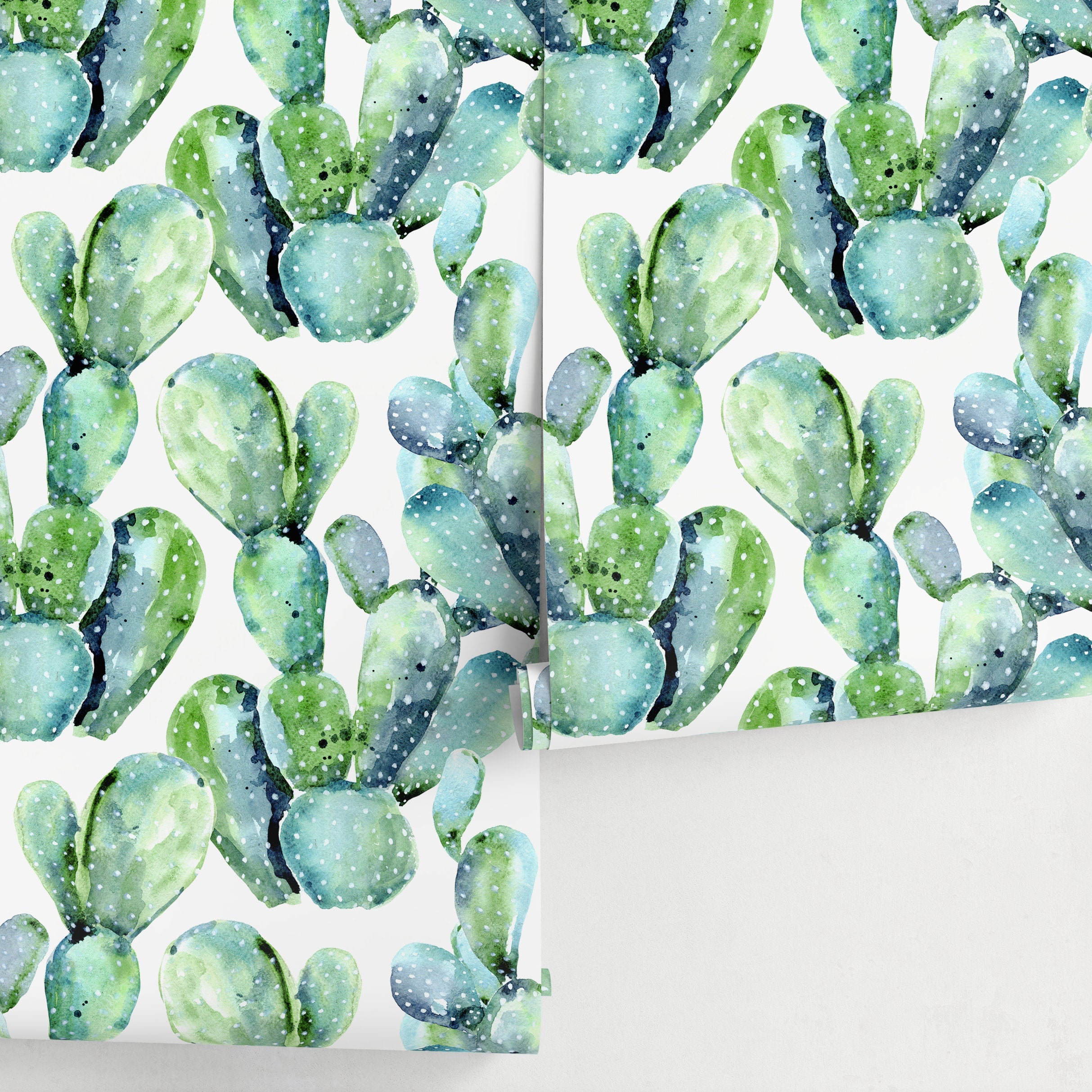 Botanical Wallpaper With A Watercolor Cactus Motif In Green And Blue - A241