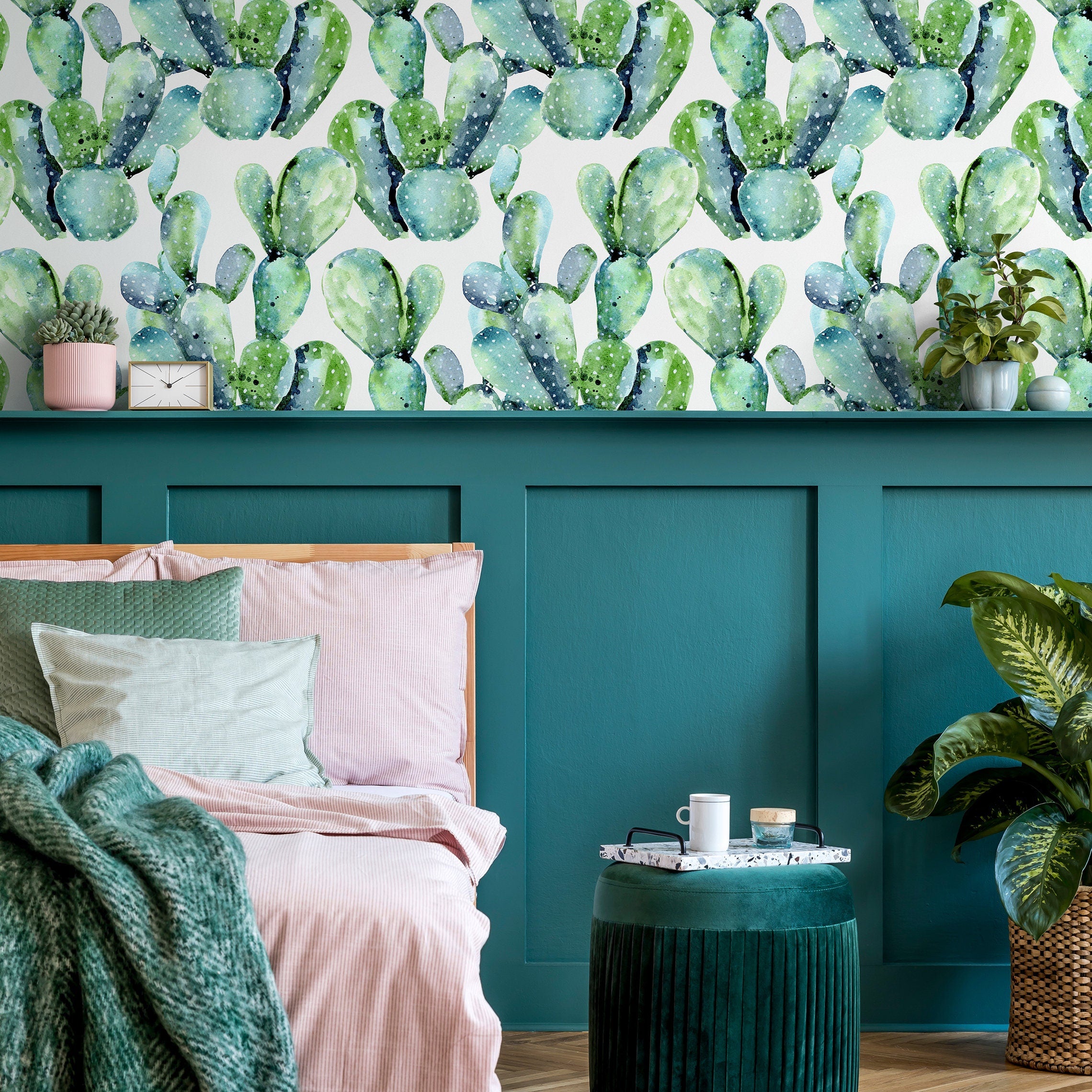Botanical Wallpaper With A Watercolor Cactus Motif In Green And Blue - A241
