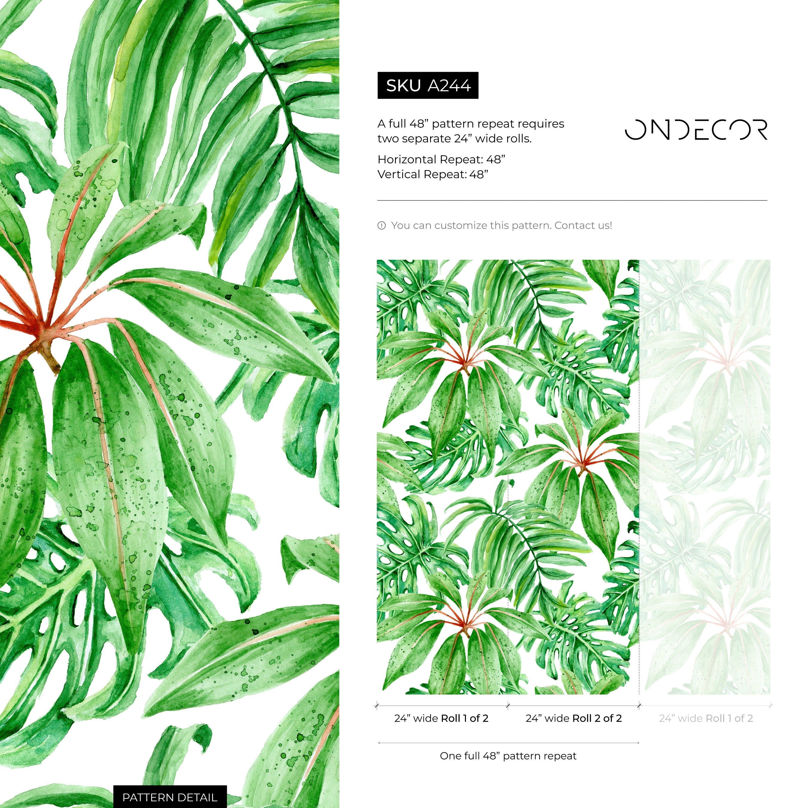 Botanical Wallpaper With Watercolor Monstera Leaves In Green And Red - A244