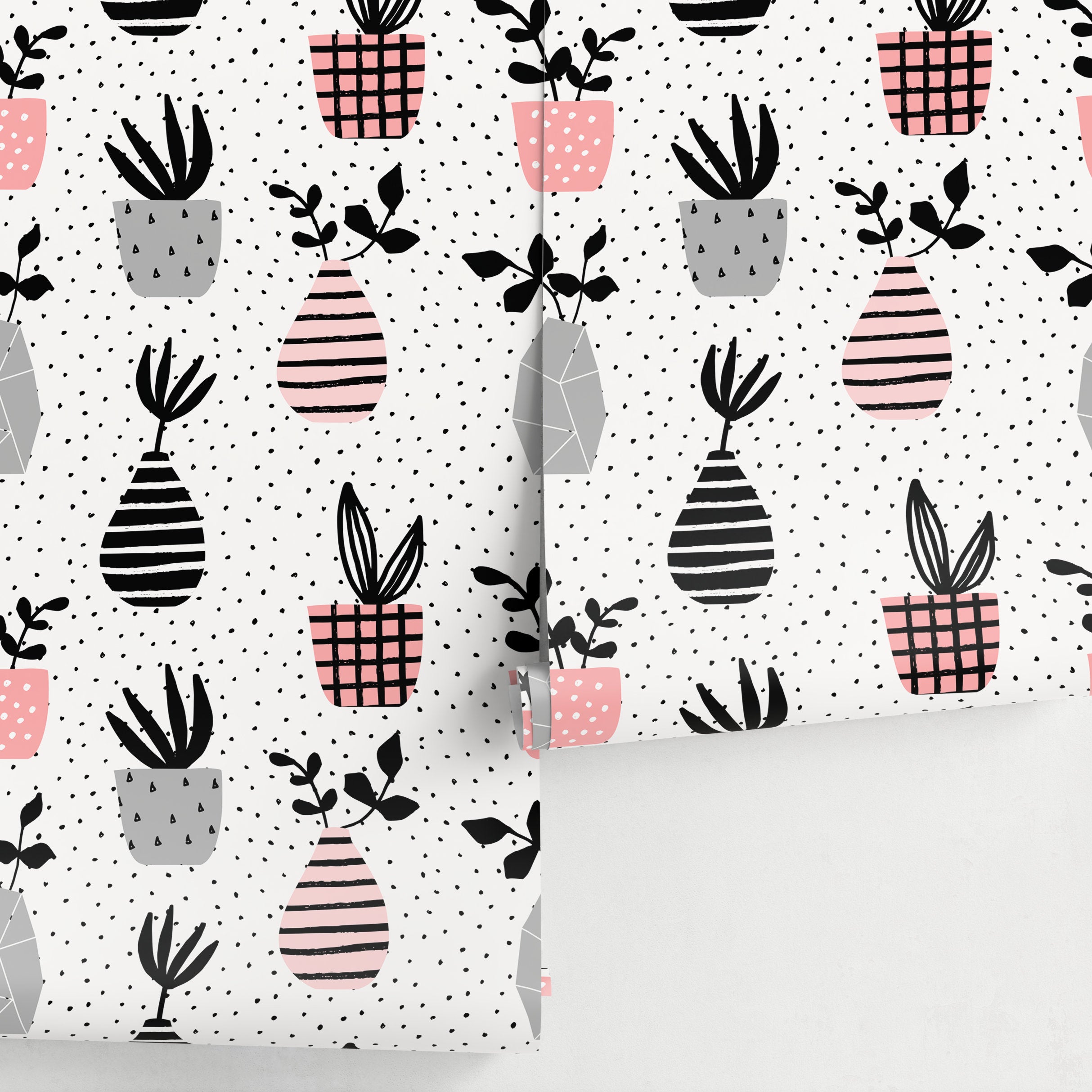 Botanical Wallpaper With Hand-drawn Potted Plants In Pink, Grey, And Black - A253