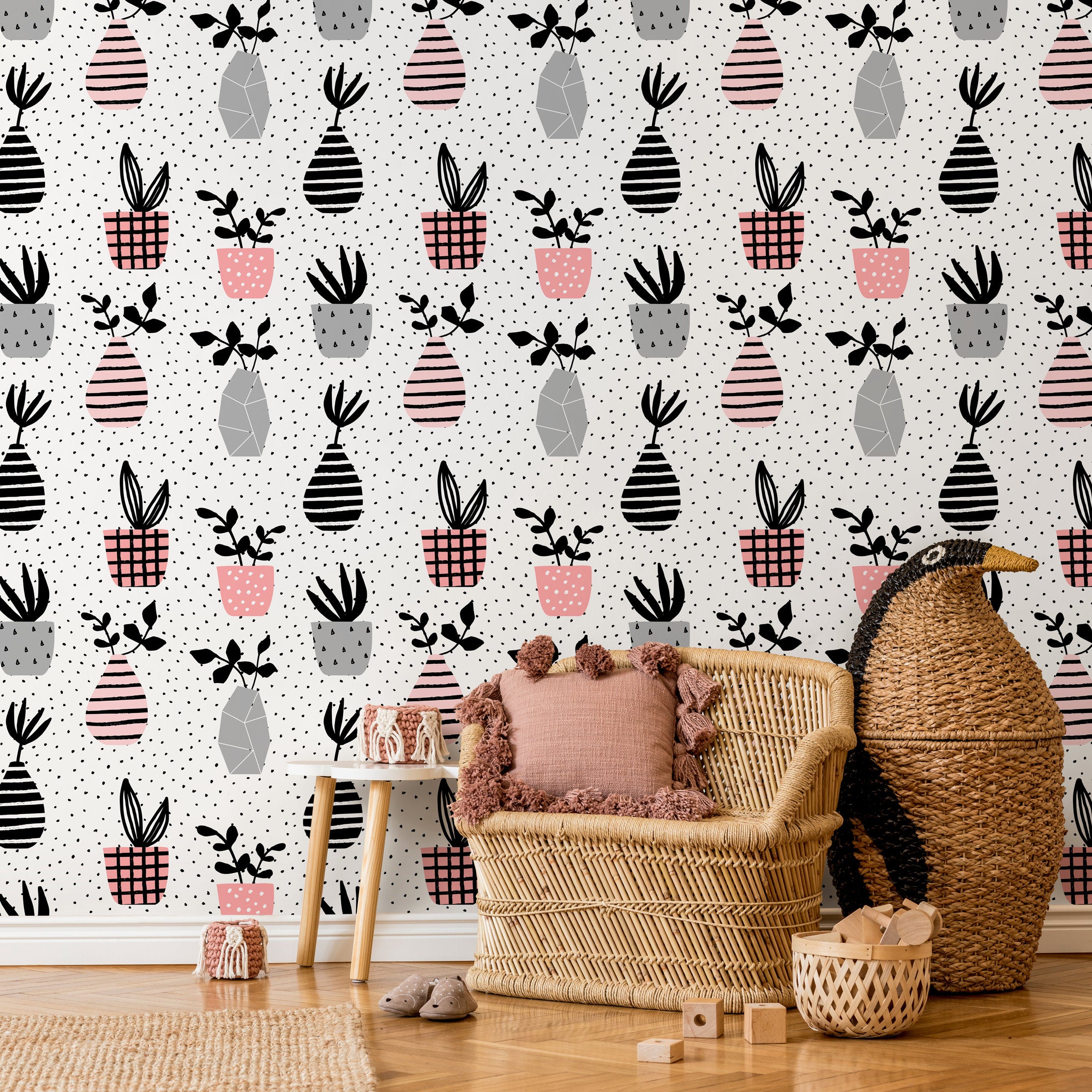 Botanical Wallpaper With Hand-drawn Potted Plants In Pink, Grey, And Black - A253