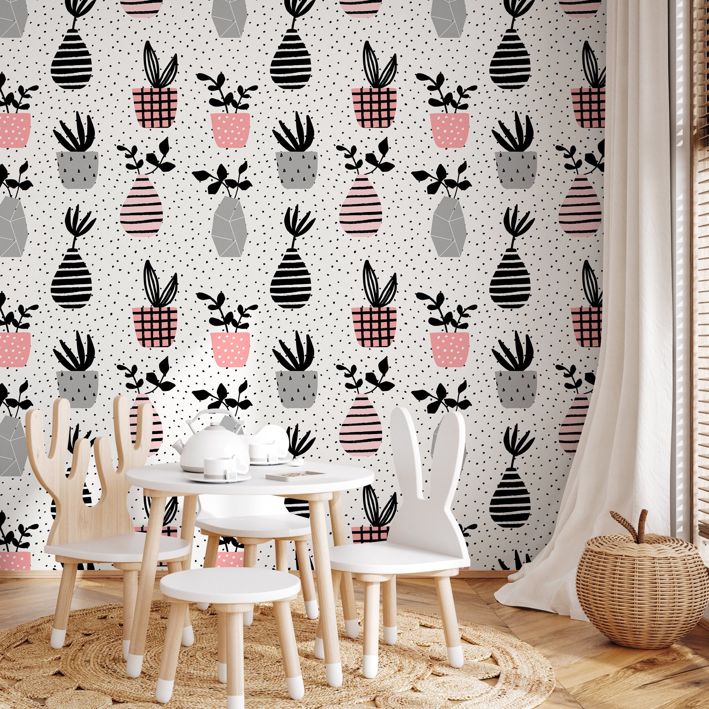 Botanical Wallpaper With Hand-drawn Potted Plants In Pink, Grey, And Black - A253