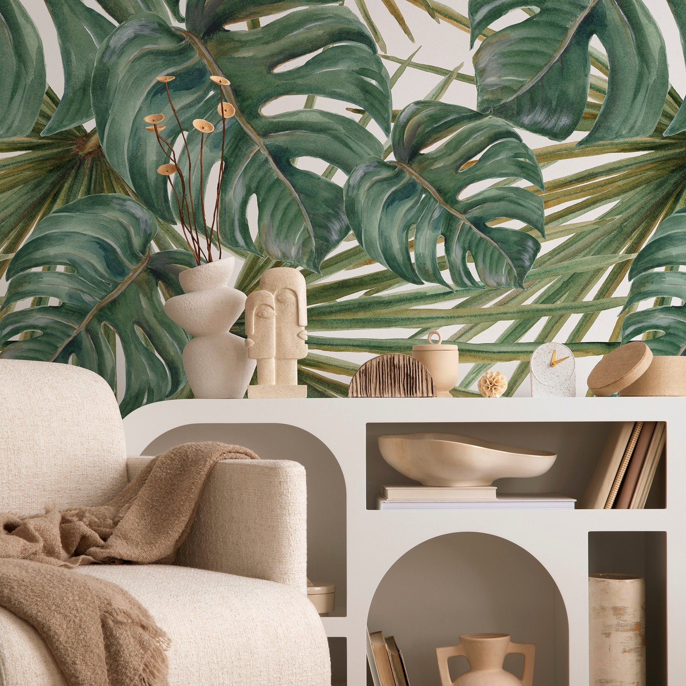 Botanical Wallpaper With Watercolor Monstera And Palm Leaves In Green - A259