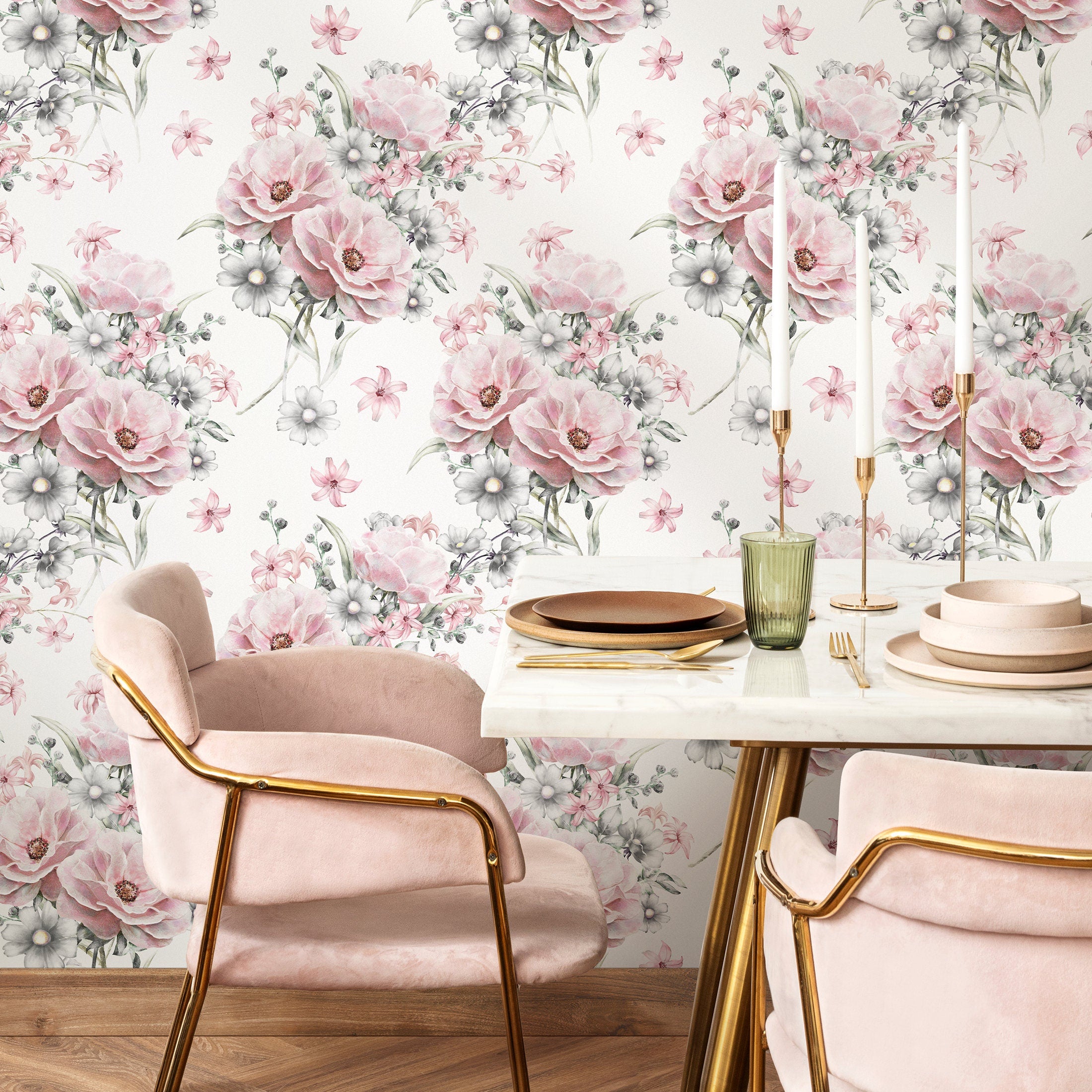 Floral Wallpaper With Painterly Peonies And Daisies In Pink And Grey - A265