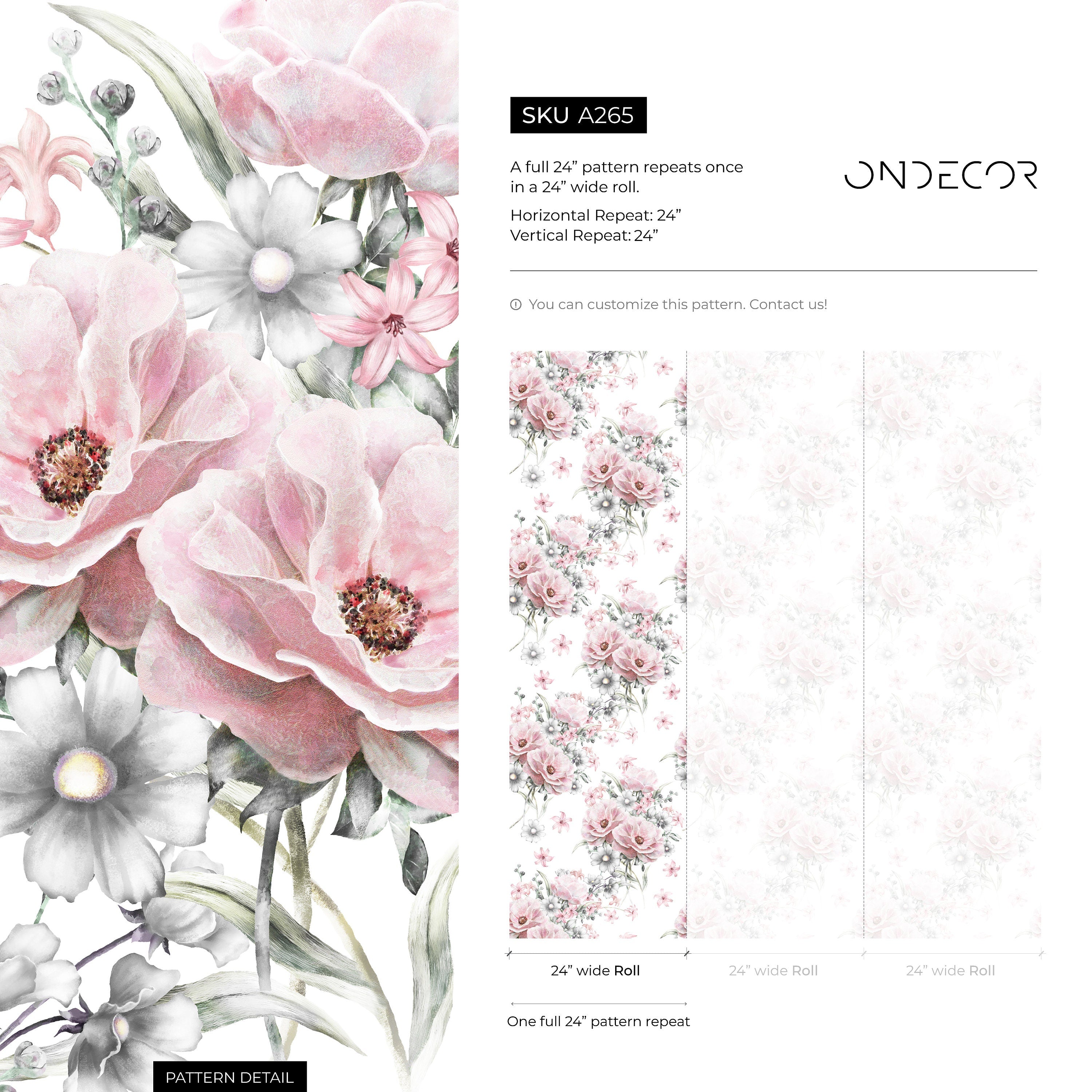 Floral Wallpaper With Painterly Peonies And Daisies In Pink And Grey - A265