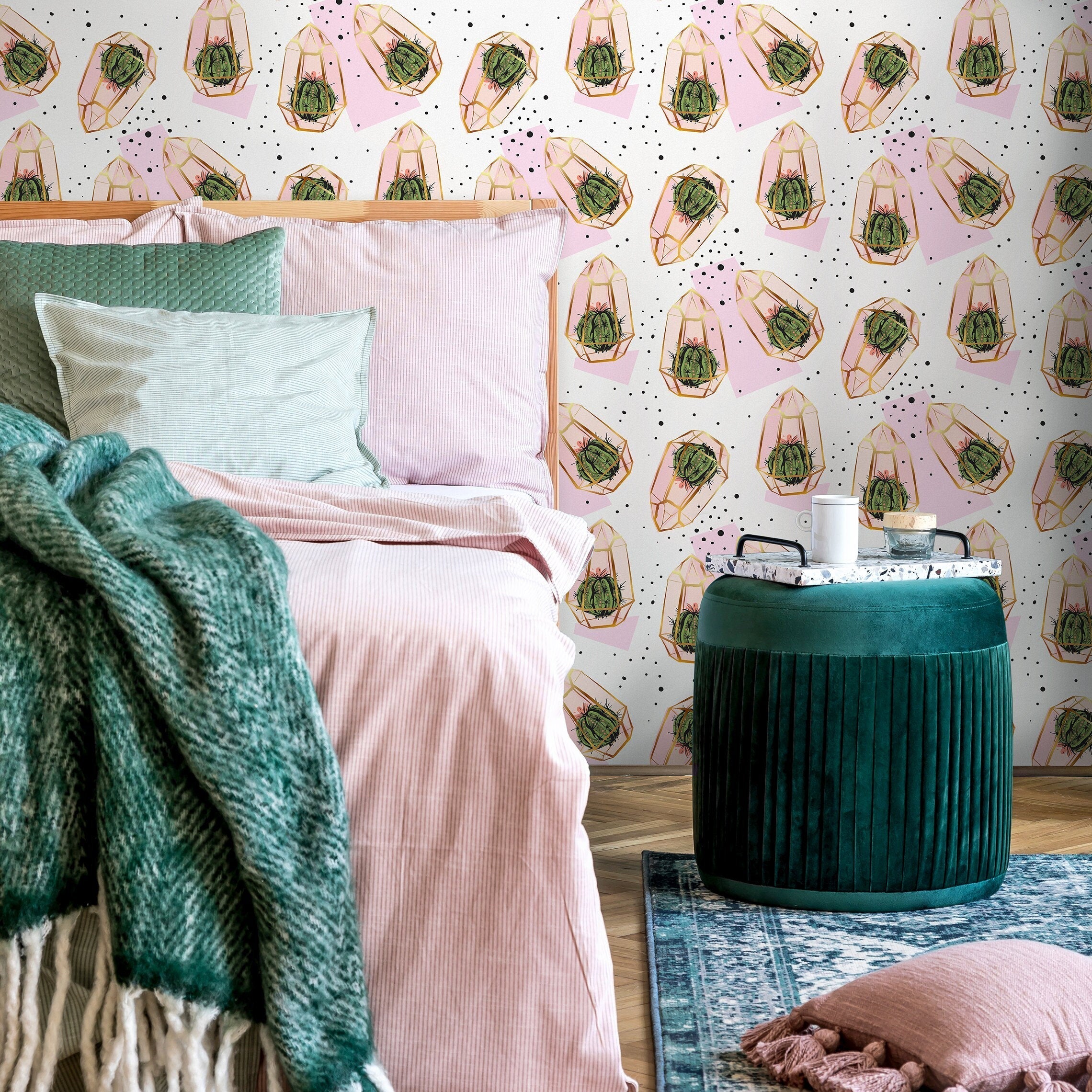 Cactus Wallpaper With Geometric Terrariums In Green, Pink, And Gold - A267