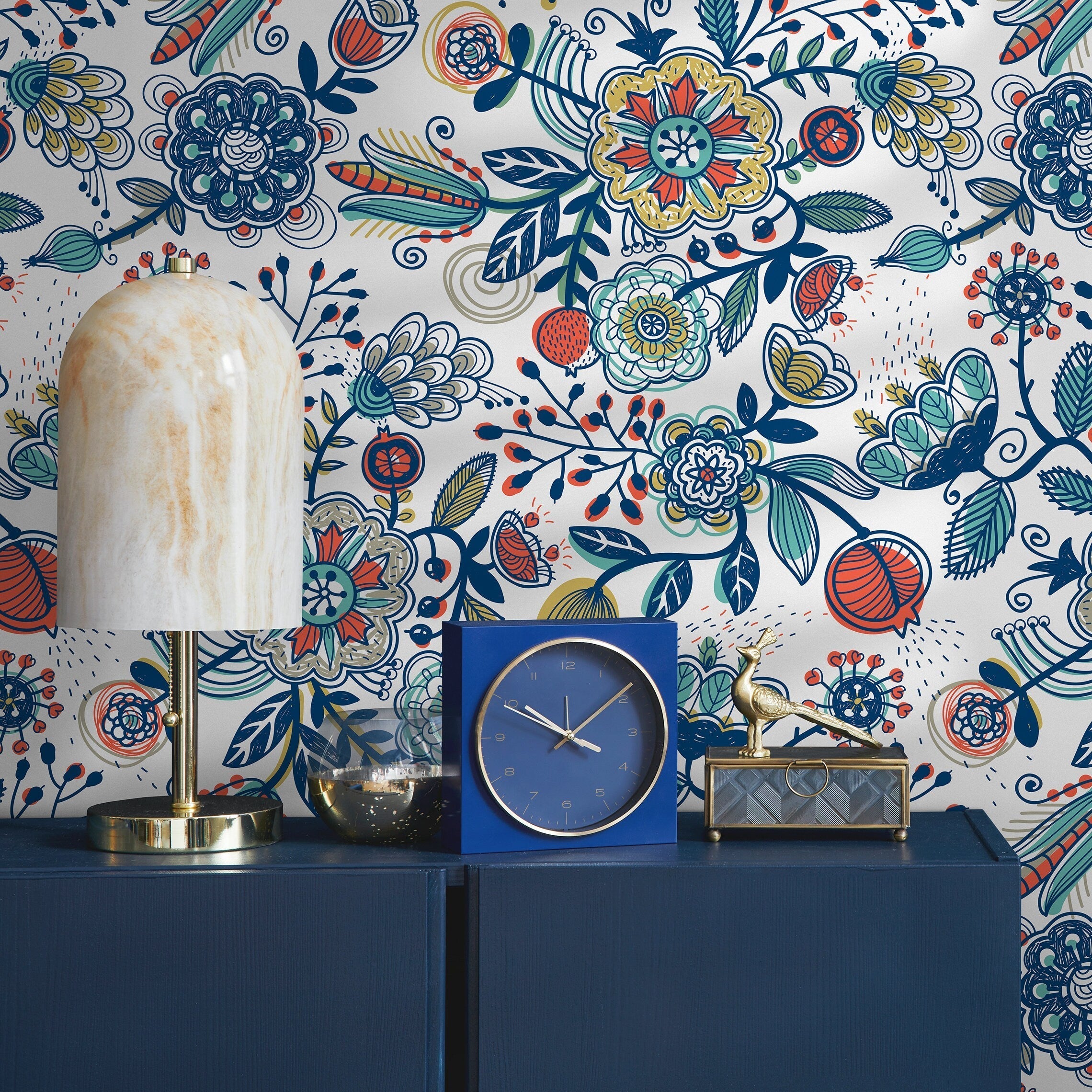 Folk Art Wallpaper With Whimsical Flowers In Blue, Orange, And Yellow - A272