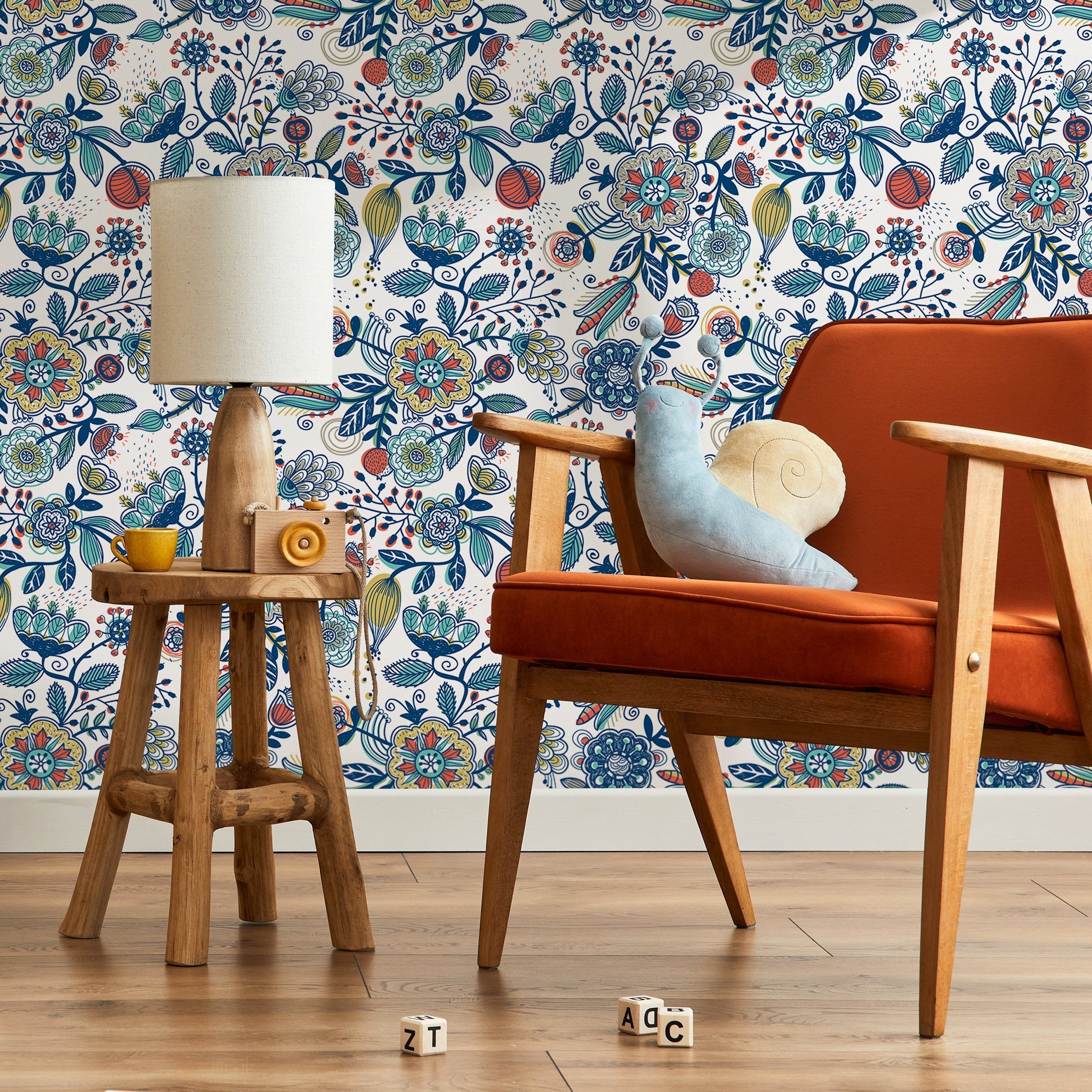 Folk Art Wallpaper With Whimsical Flowers In Blue, Orange, And Yellow - A272