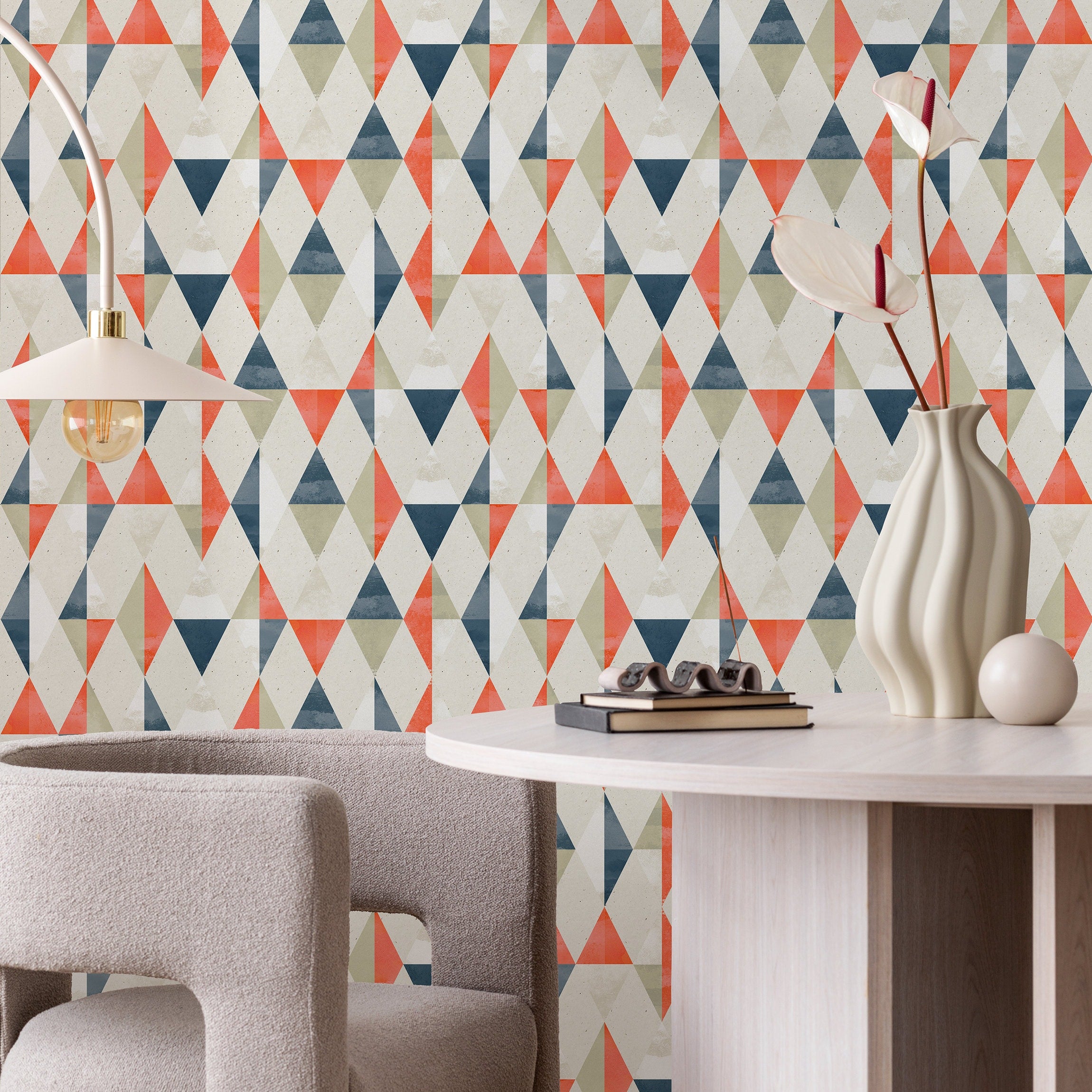 Geometric Wallpaper With A Retro Triangle Pattern In Blue, Orange, And Beige - A412