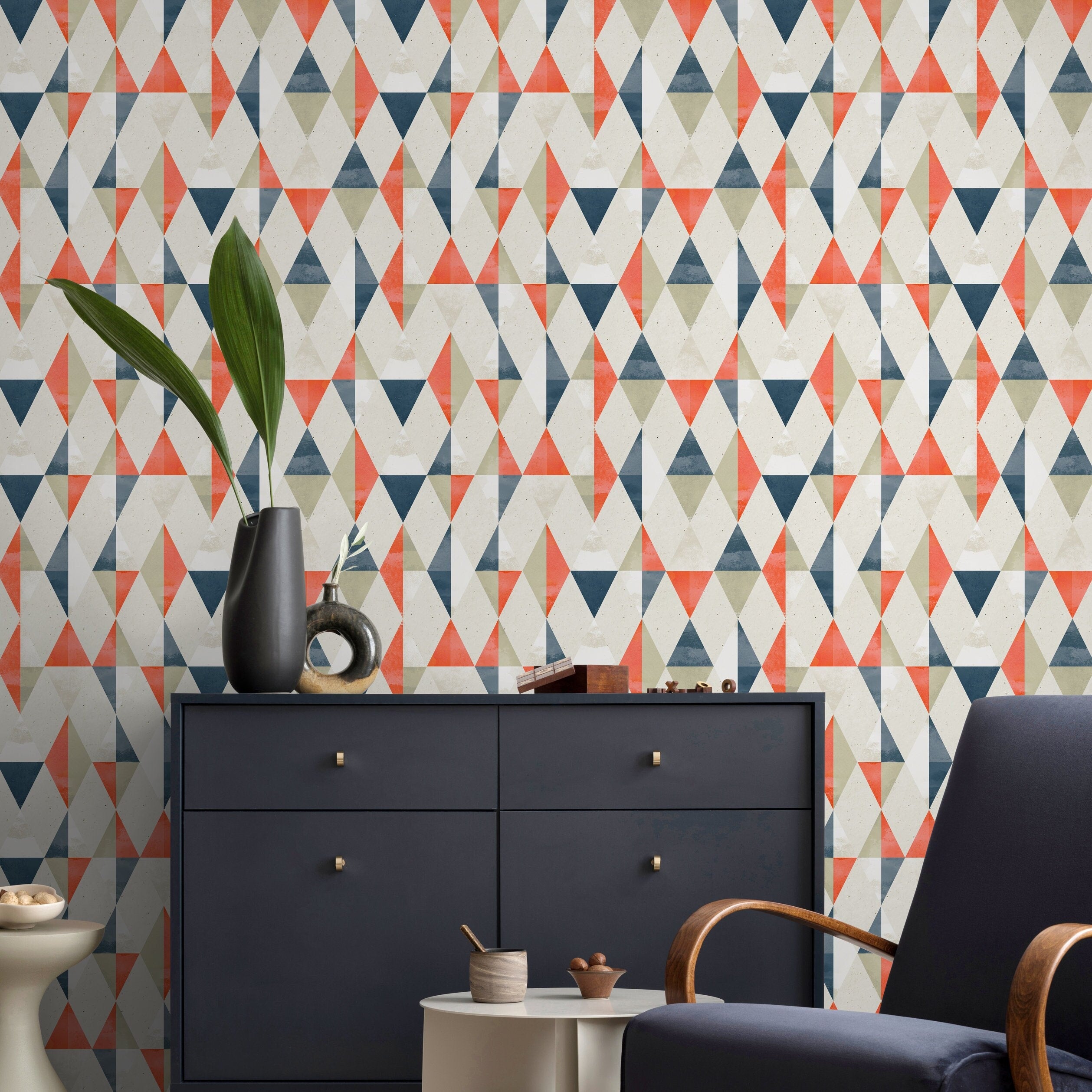 Geometric Wallpaper With A Retro Triangle Pattern In Blue, Orange, And Beige - A412
