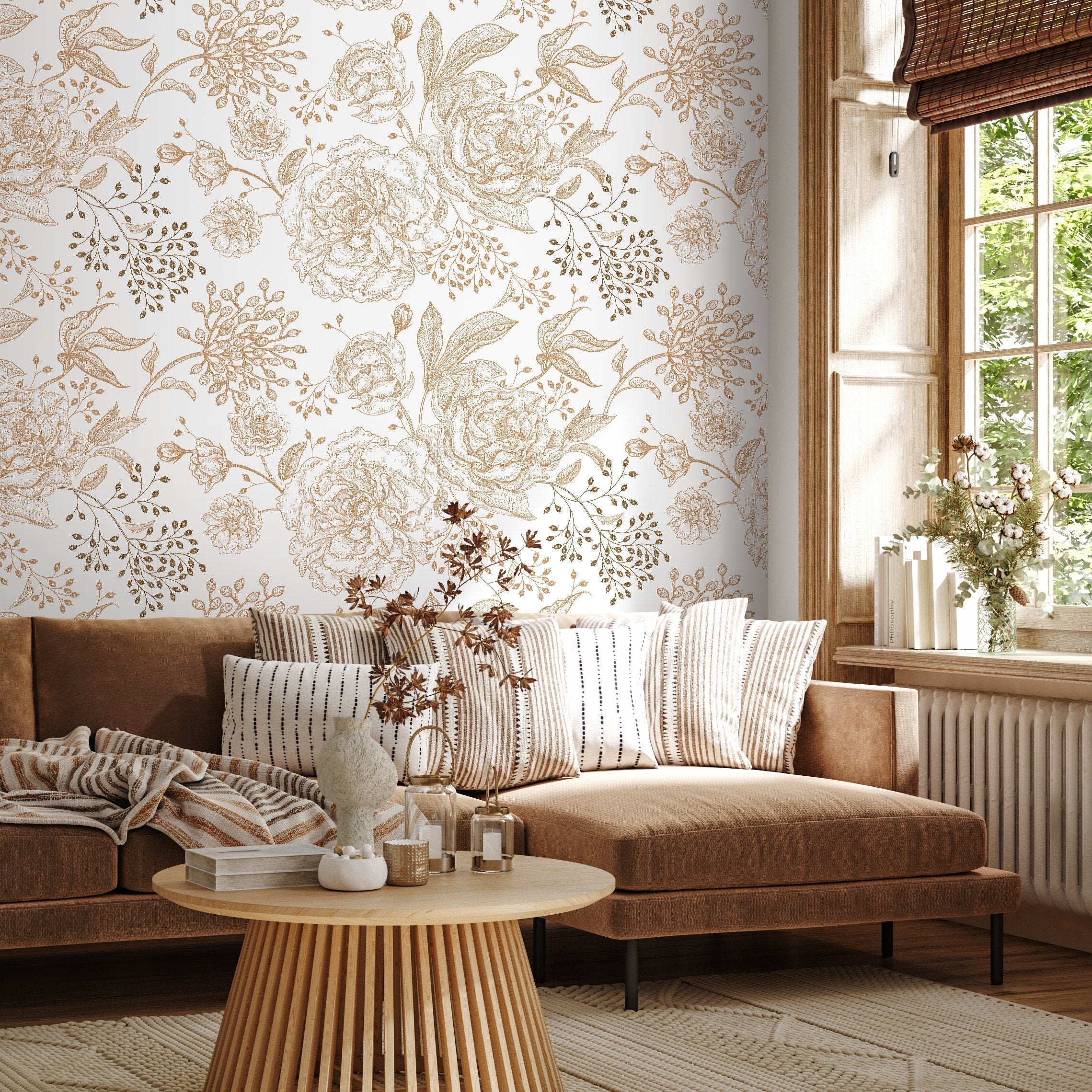 Floral Wallpaper With A Vintage Peony Sketch In Gold And Light Gray - A671