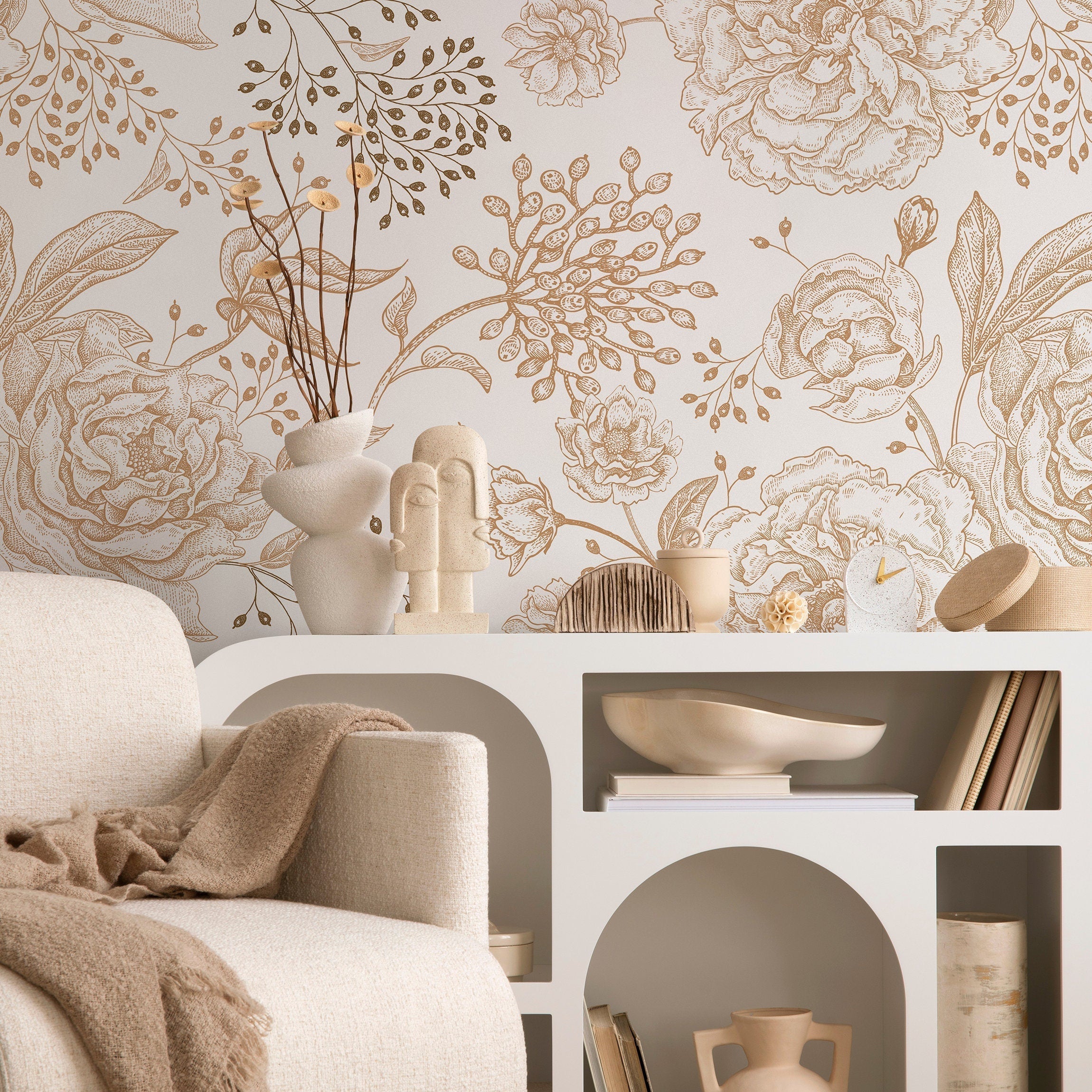 Floral Wallpaper With A Vintage Peony Sketch In Gold And Light Gray - A671