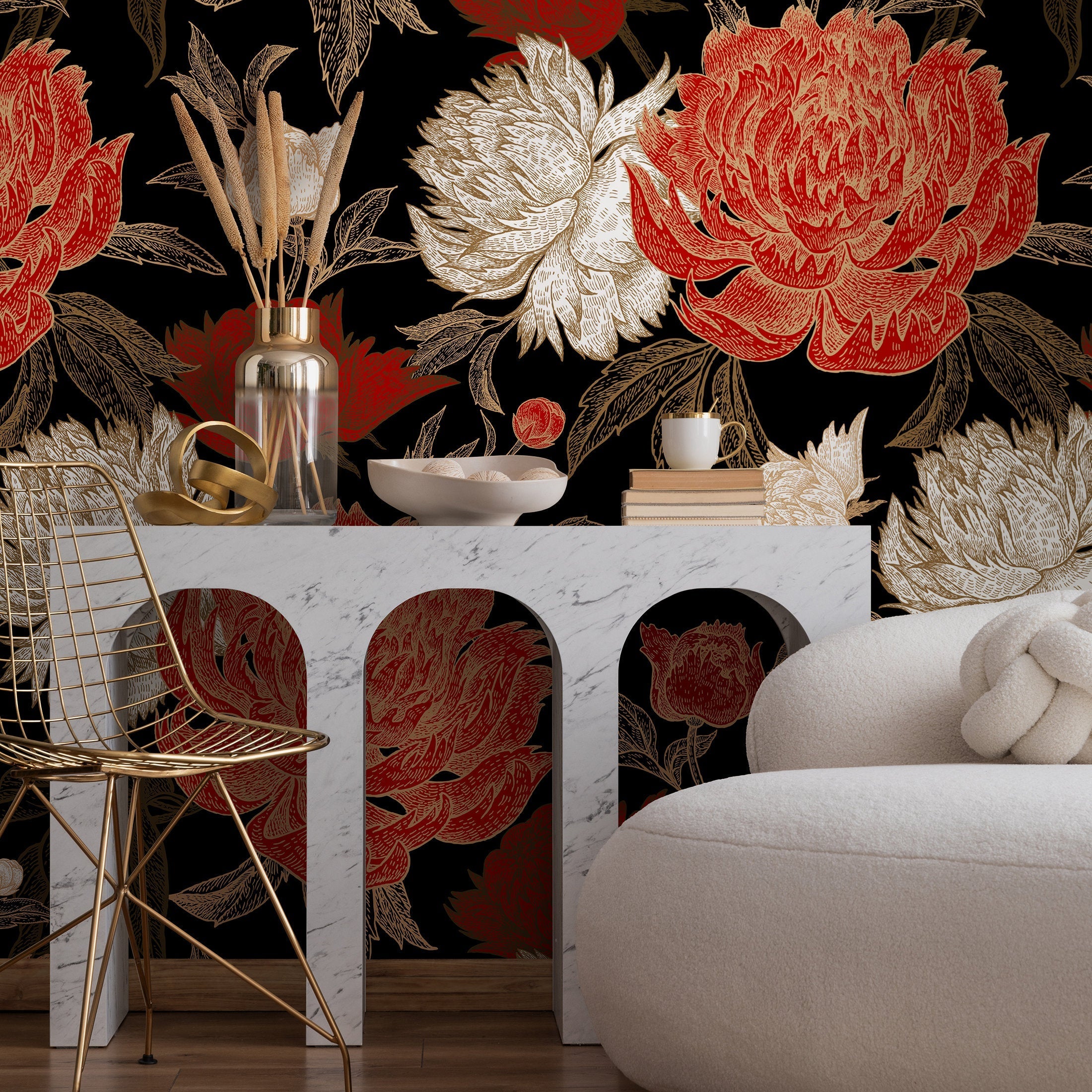 Floral Wallpaper With Engraved Peonies In Black, Red, And Gold - A702