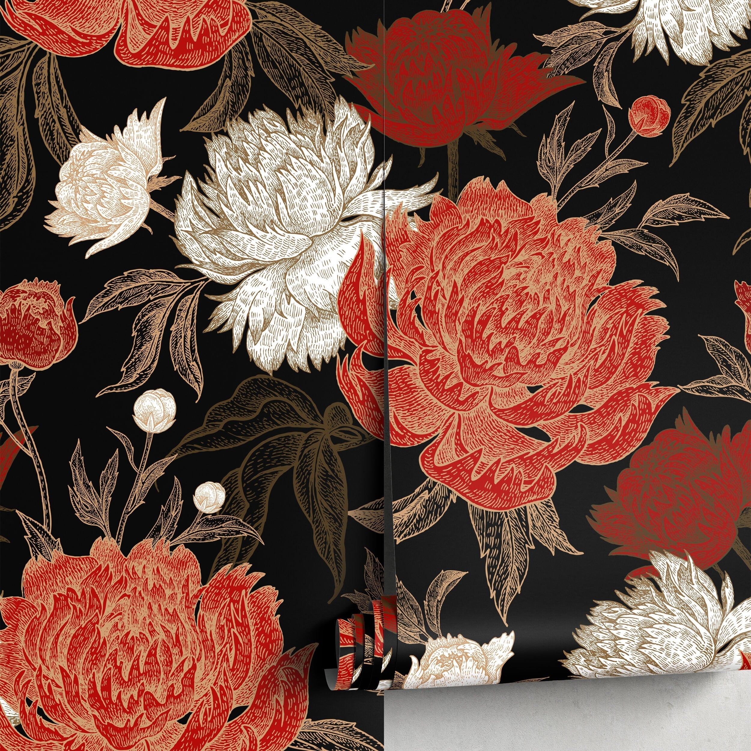 Floral Wallpaper With Engraved Peonies In Black, Red, And Gold - A702