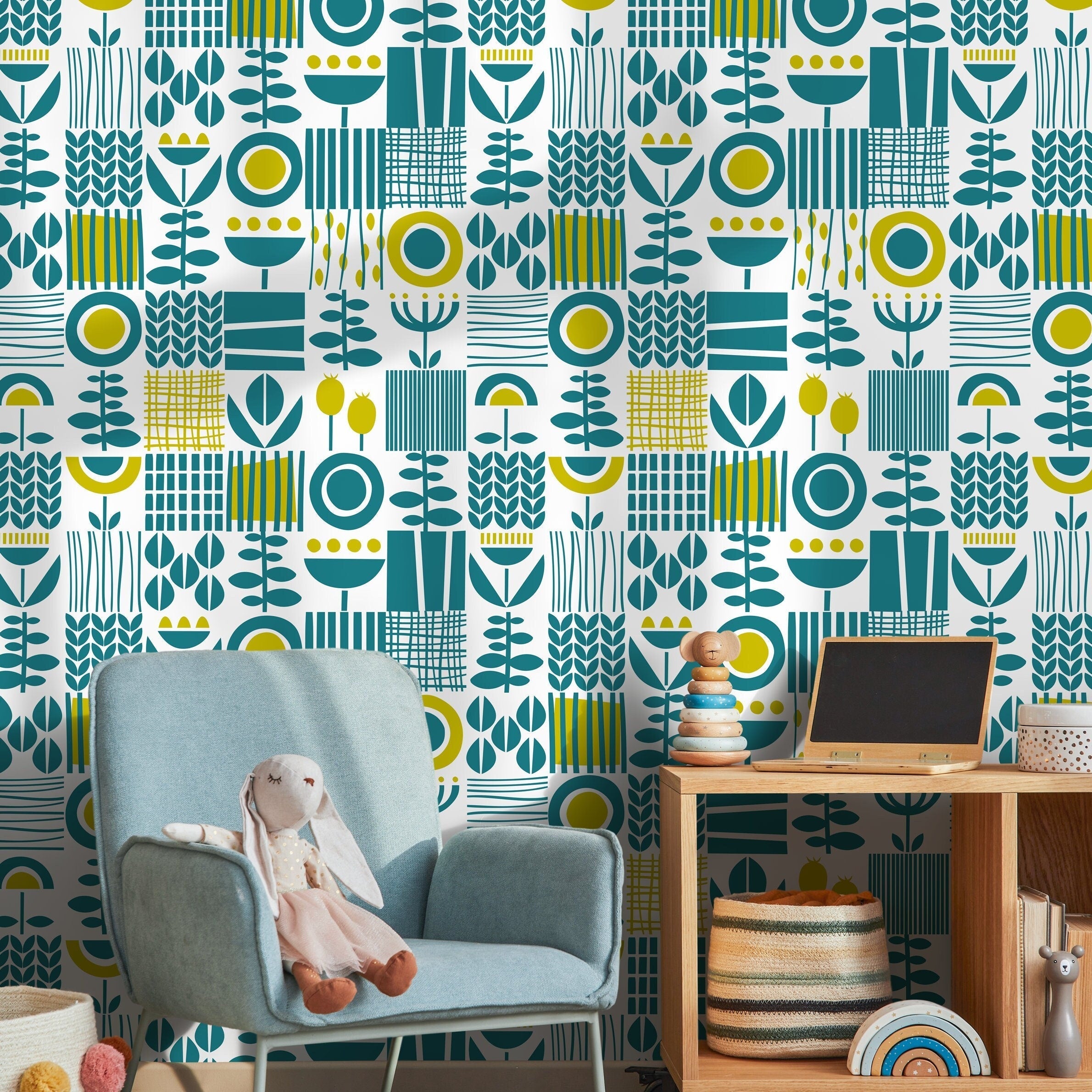 Scandinavian Wallpaper With A Block Print Botanical Motif In Teal And Yellow - A707