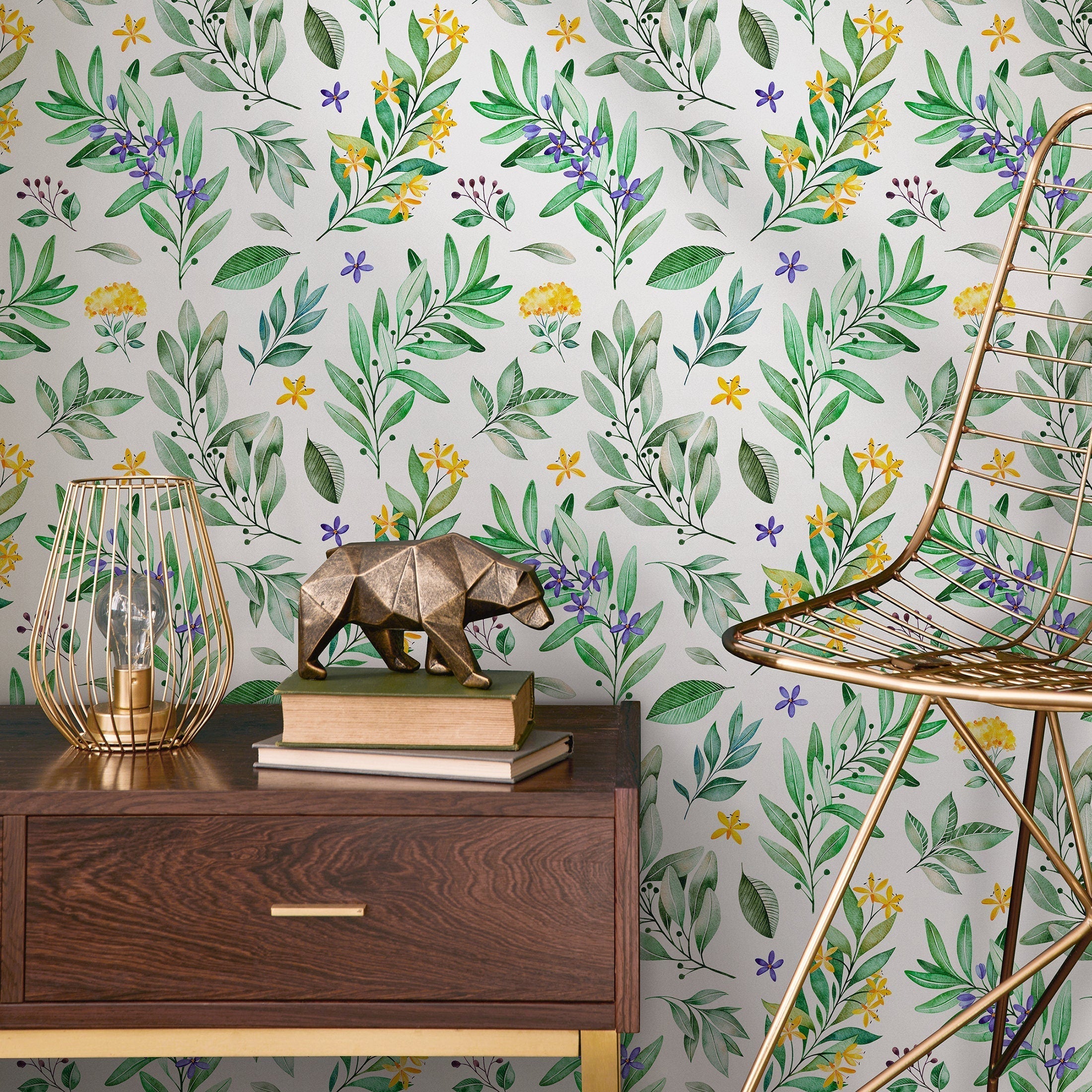 Botanical Wallpaper With Watercolor Leaves And Florals In Green, Yellow, And Purple - A708