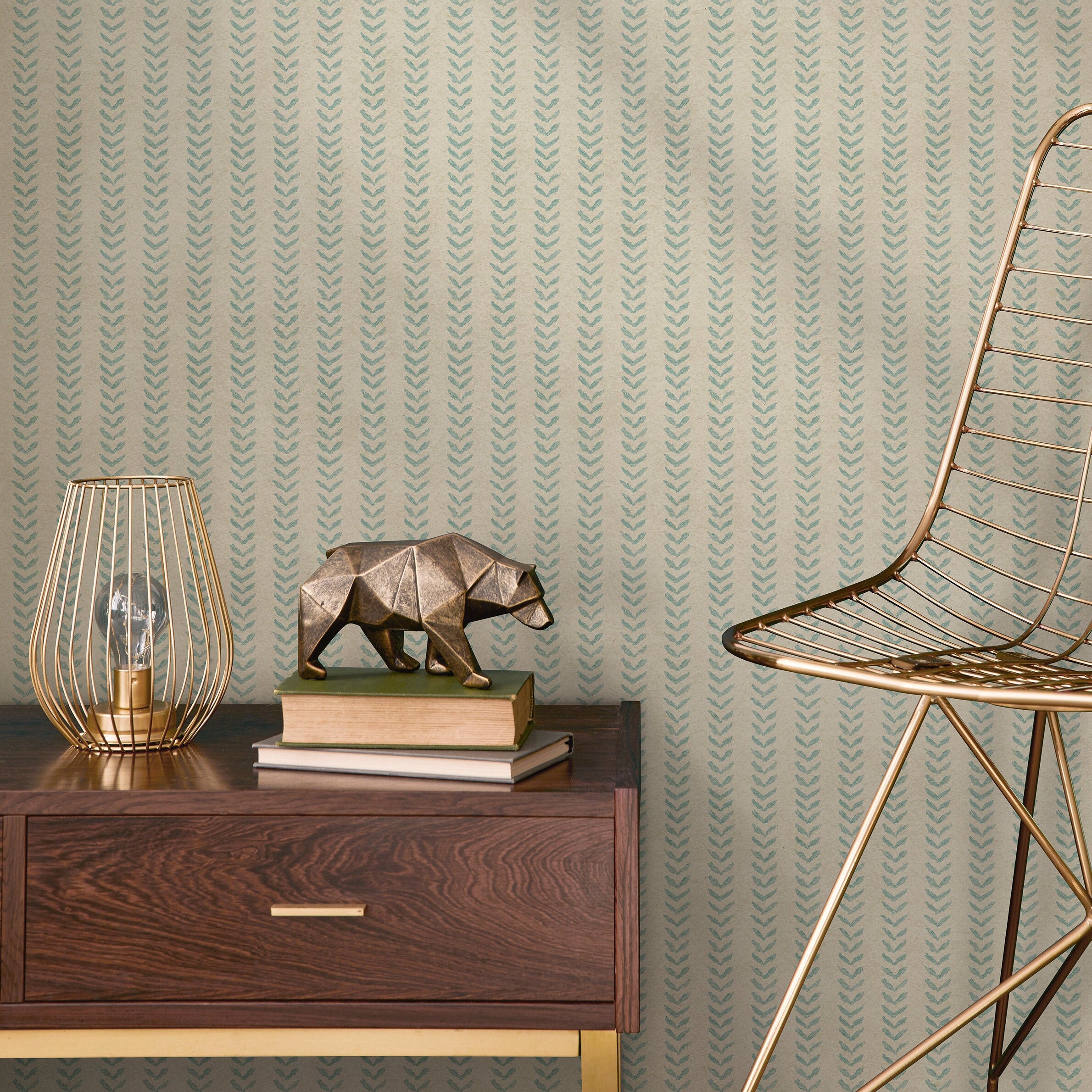 Geometric Wallpaper With A Hand-painted Chevron Stripe Motif In Teal And Beige - A339