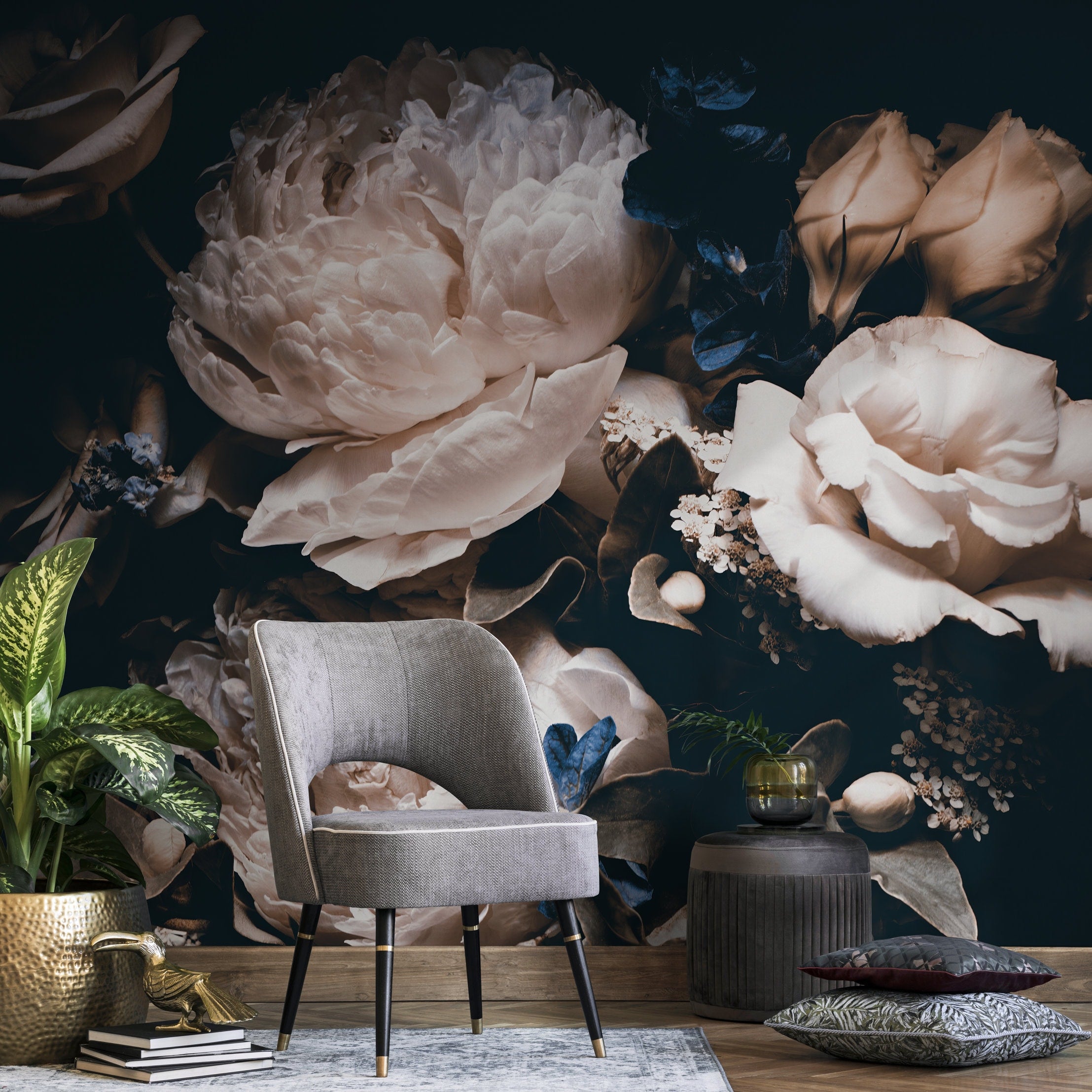 Dark Floral Wallpaper With A Moody Rose And Peony Bouquet In Cream And Blue - A344