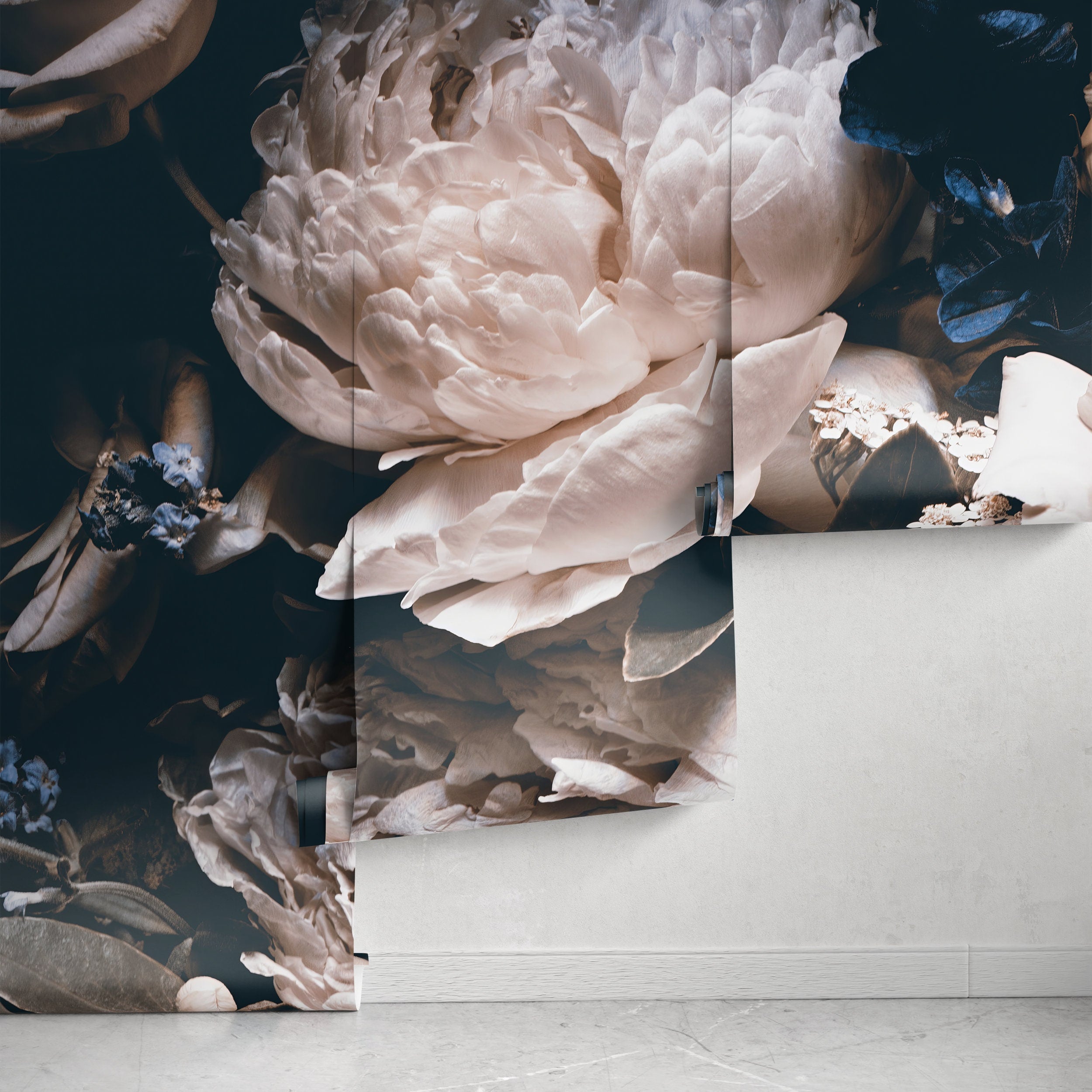 Dark Floral Wallpaper With A Moody Rose And Peony Bouquet In Cream And Blue - A344