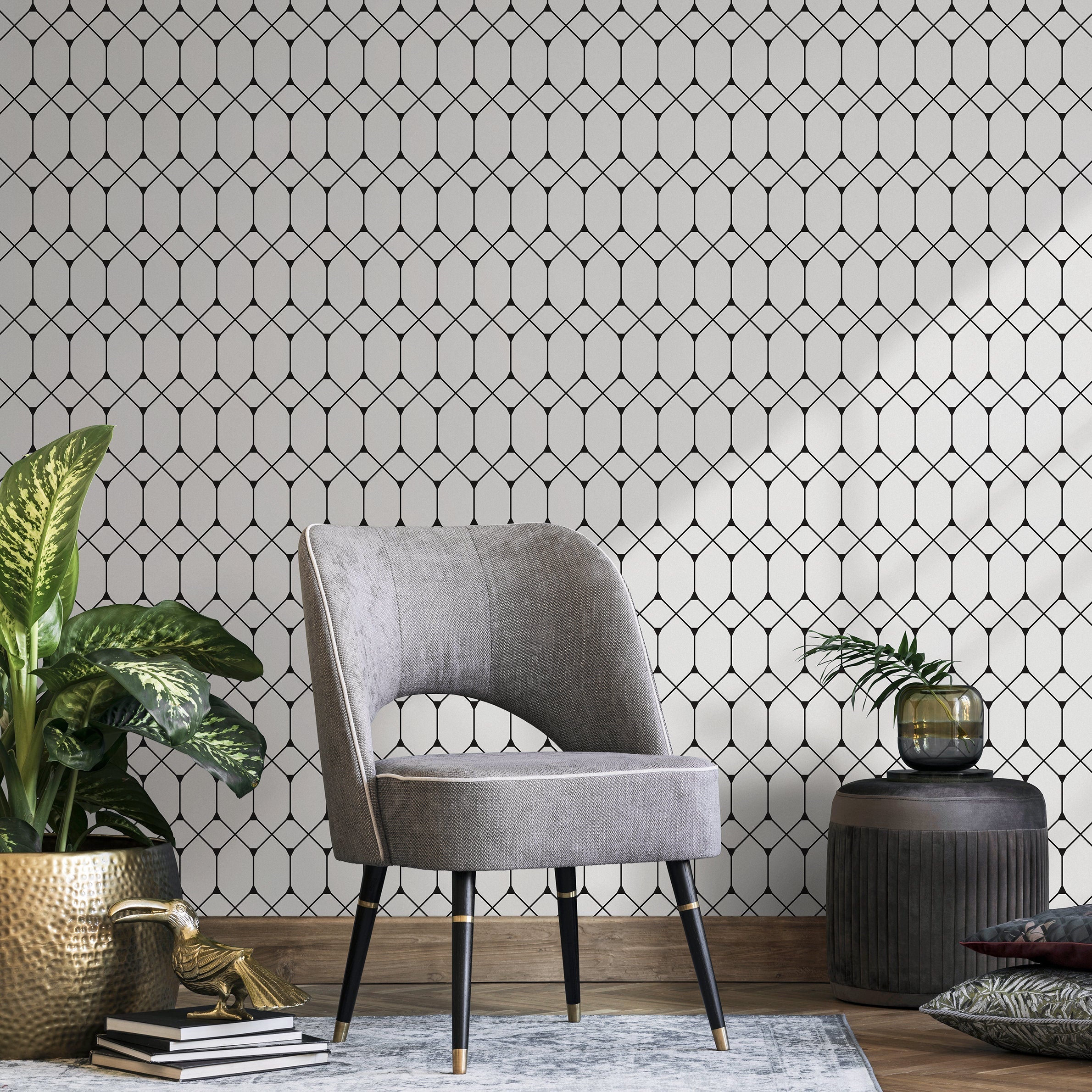 Geometric Wallpaper With A Minimalist Octagon Lattice In Black And White - A346