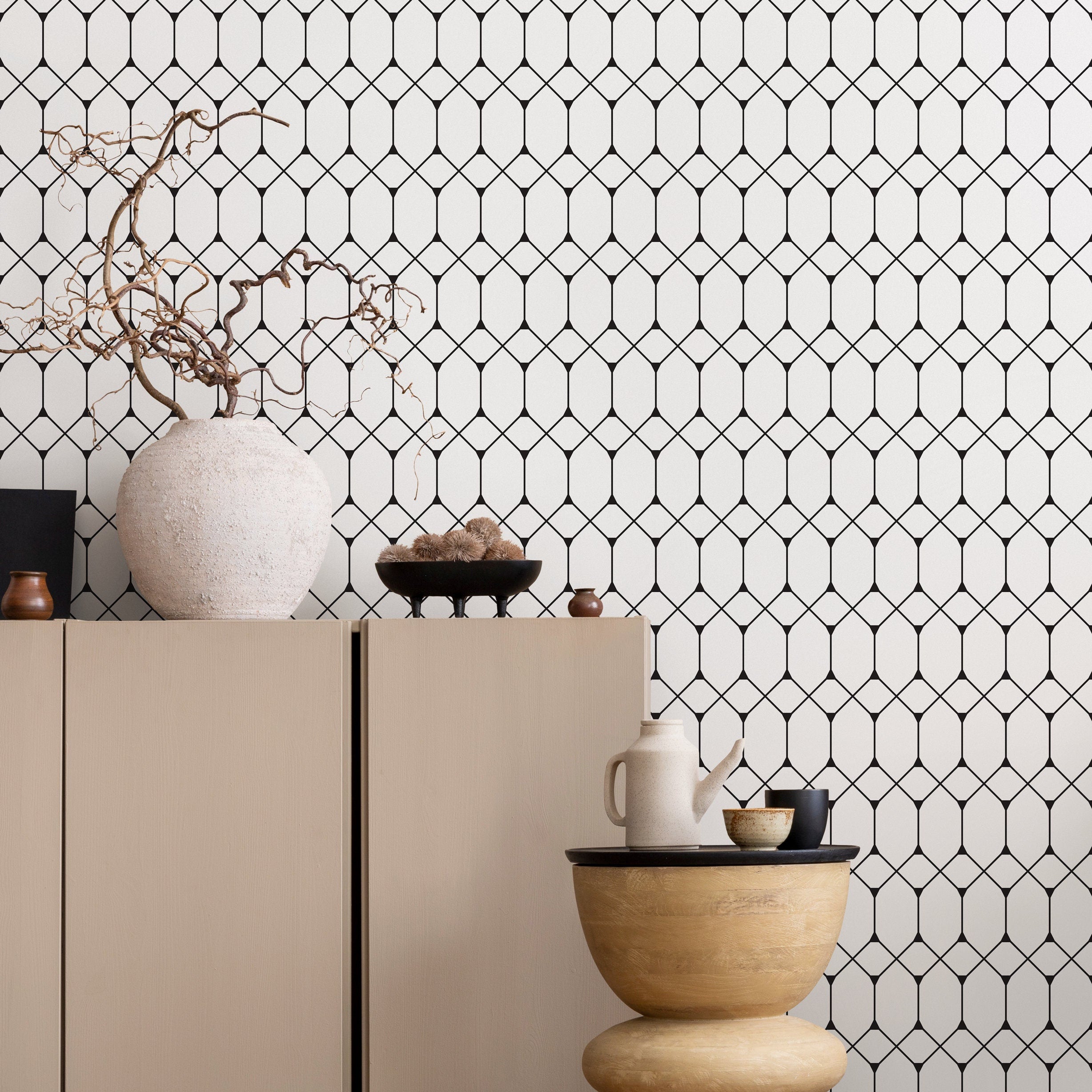 Geometric Wallpaper With A Minimalist Octagon Lattice In Black And White - A346