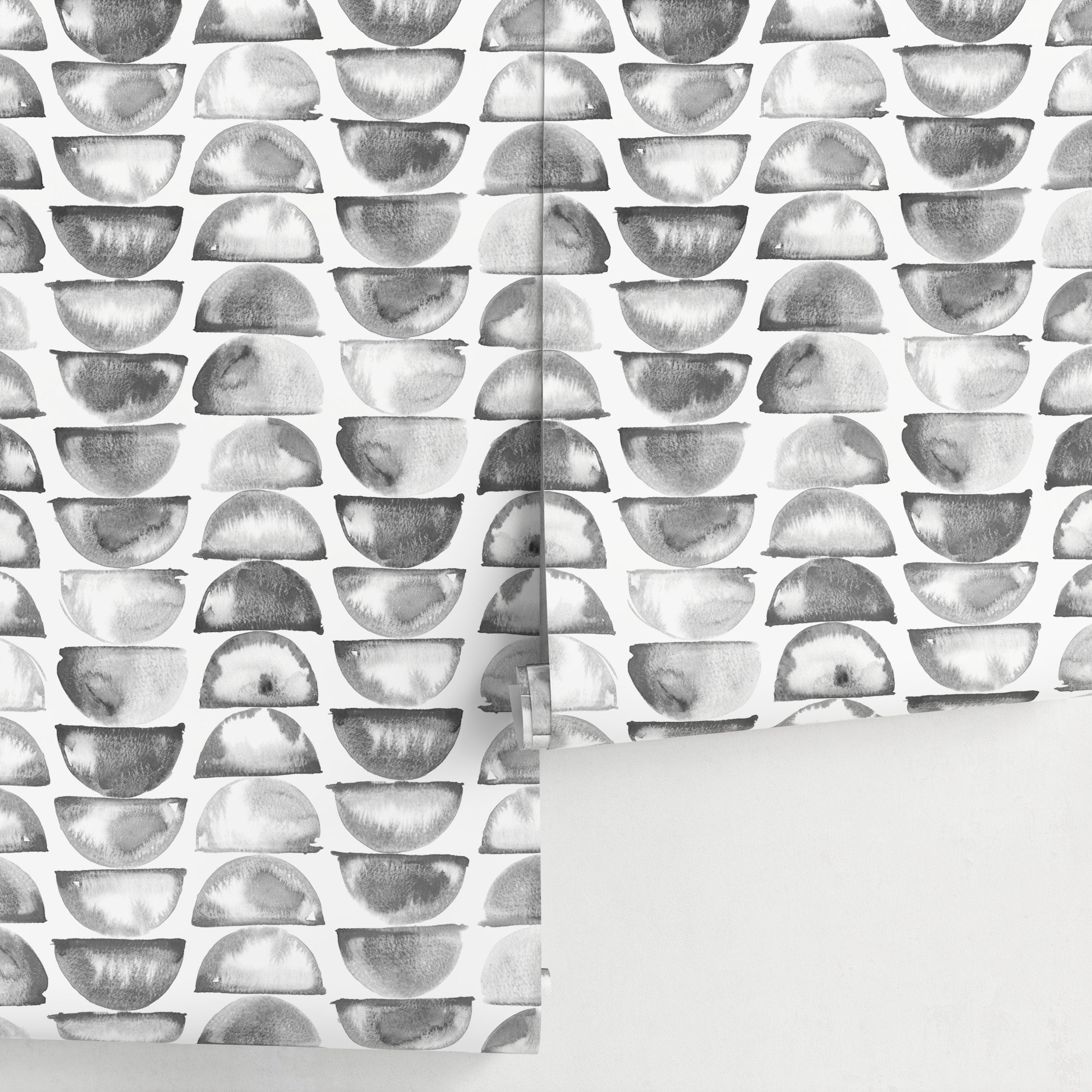 Geometric Wallpaper With A Watercolor Half-moon Motif In Gray And Black - A348