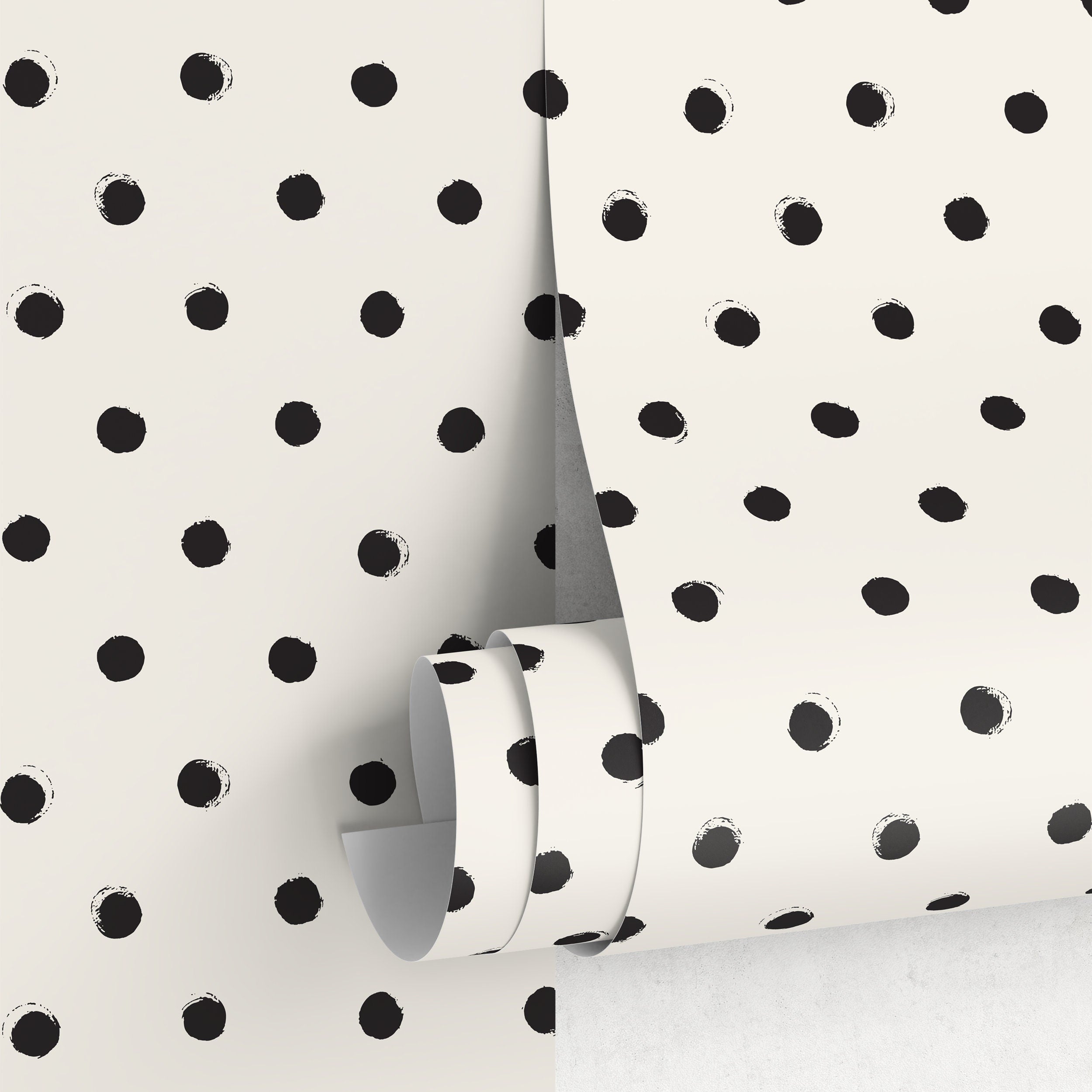 Polka Dot Wallpaper With A Hand-painted Motif In Black And Off-white - A355