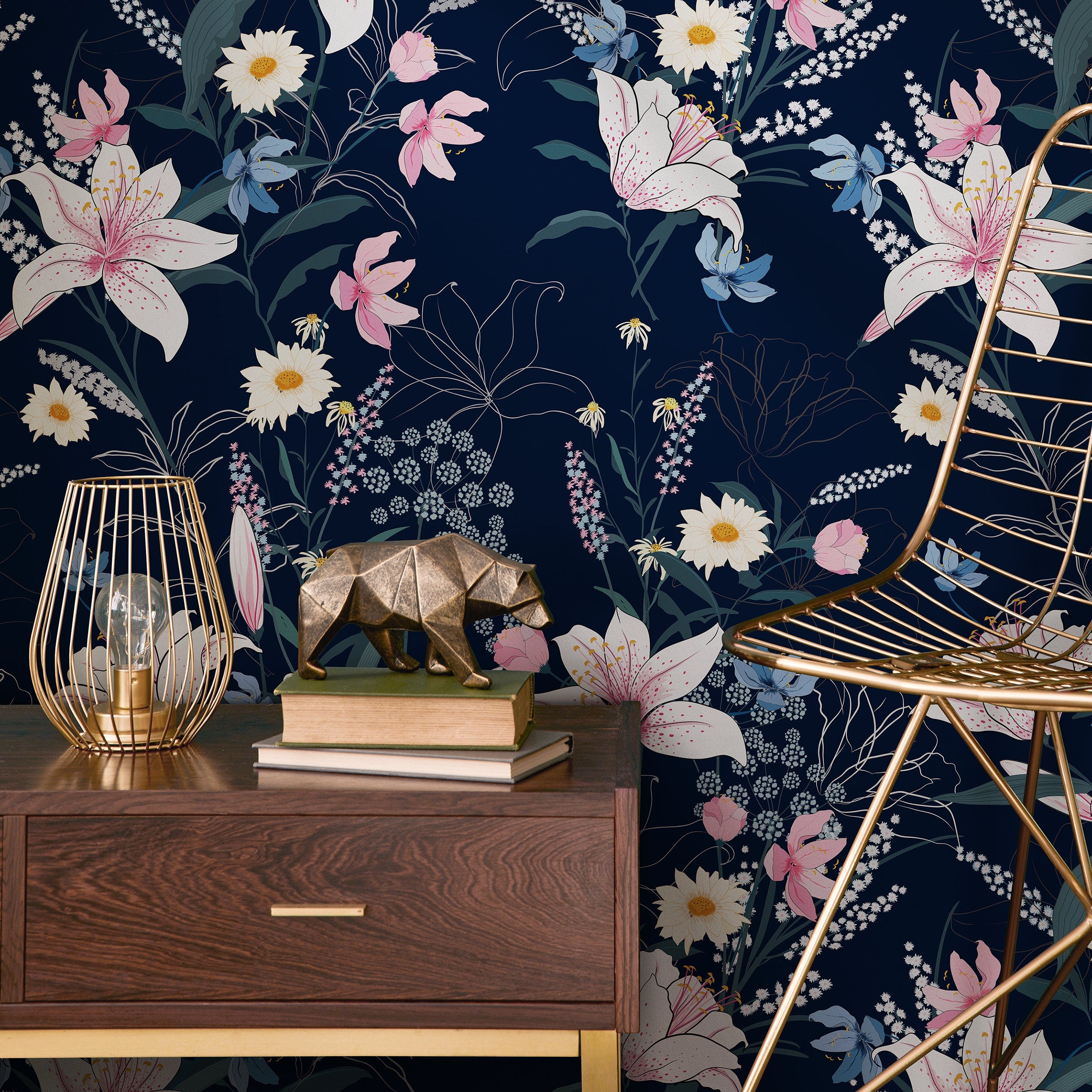 Floral Wallpaper With Lilies And Wildflowers In Navy Blue, Pink, And White - A563