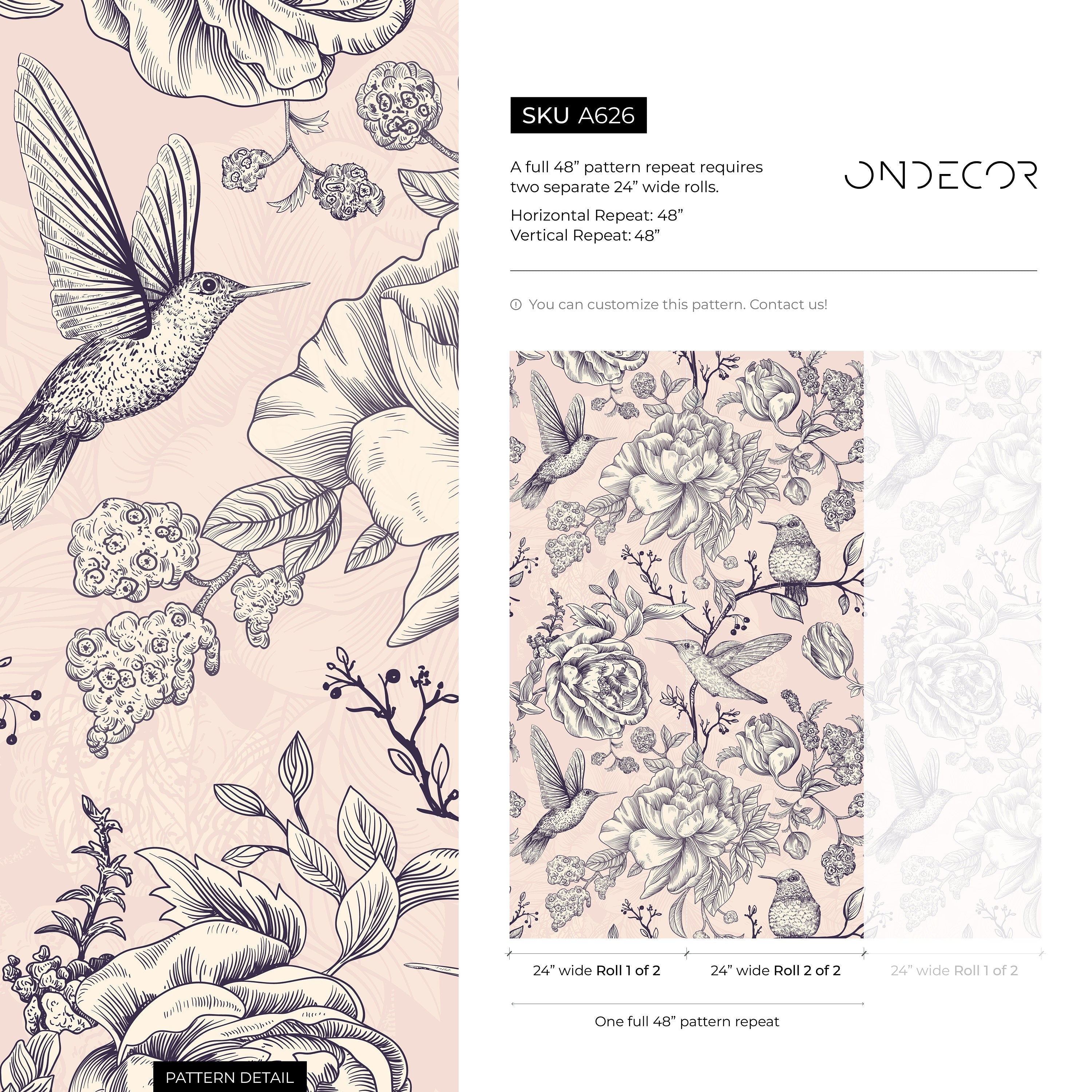 Vintage Floral Wallpaper With Hummingbirds And Peonies In Pink And Blue - A626
