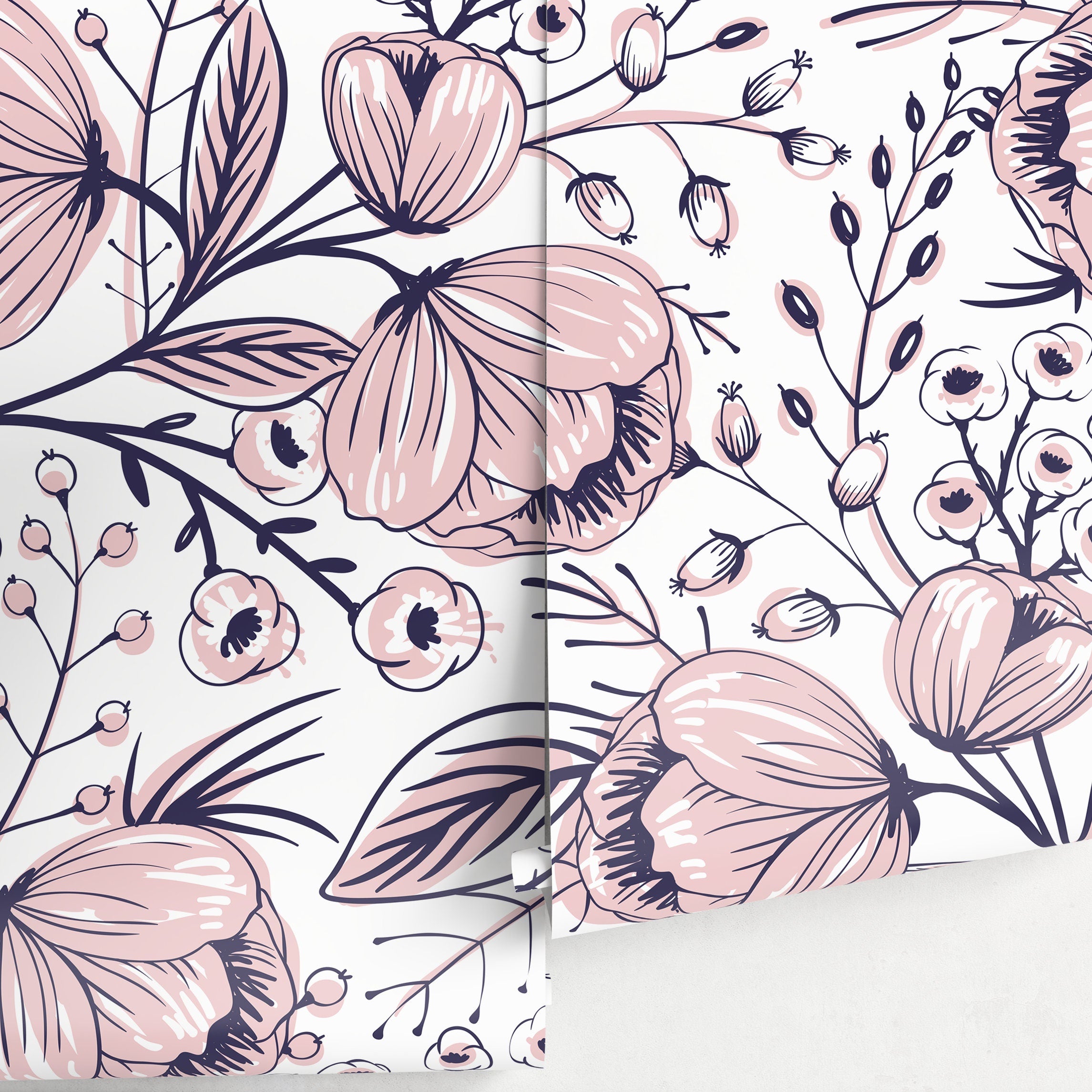 Floral Wallpaper Featuring Stylized Hand-drawn Blooms In Pink And Navy Blue - A691